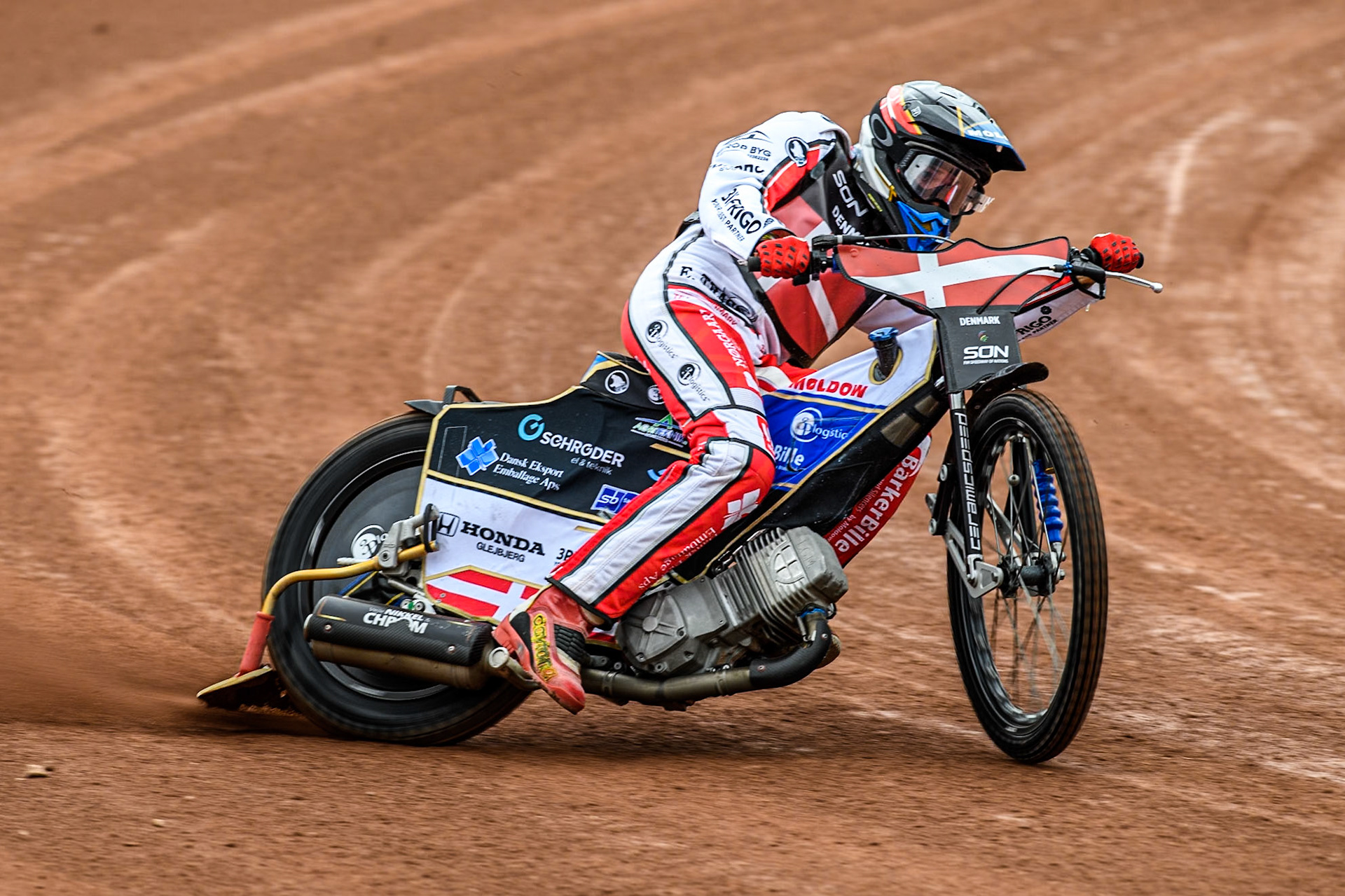 Rasmus Jensen of Denmark practices during the Monster Energy FIM Speedway of Nation Semi Final 2 at the National Speedway Stadium, Manchester on Wednesday 10th July 2024. (Photo: Ian Charles | MI News)