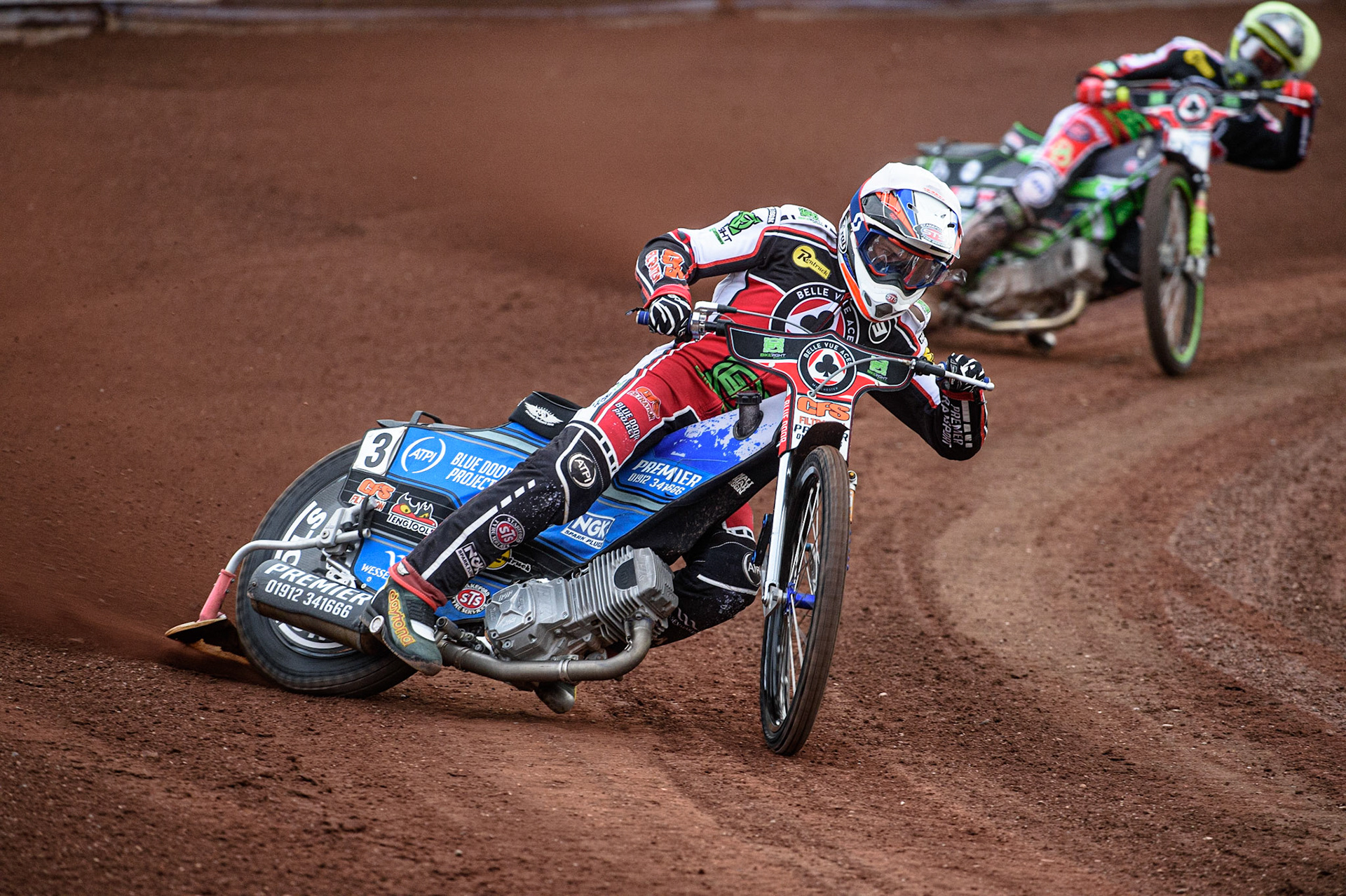 SHEFFIELD, UK. JULY 1ST     Steve Worrall  (White) leads team mate Charles Wright (Yellow) during the SGB Premiership match between Sheffield Tigers and Belle Vue Aces at Owlerton Stadium, Sheffield on Thursday 1st July 2021. (Credit: Ian Charles | MI News)