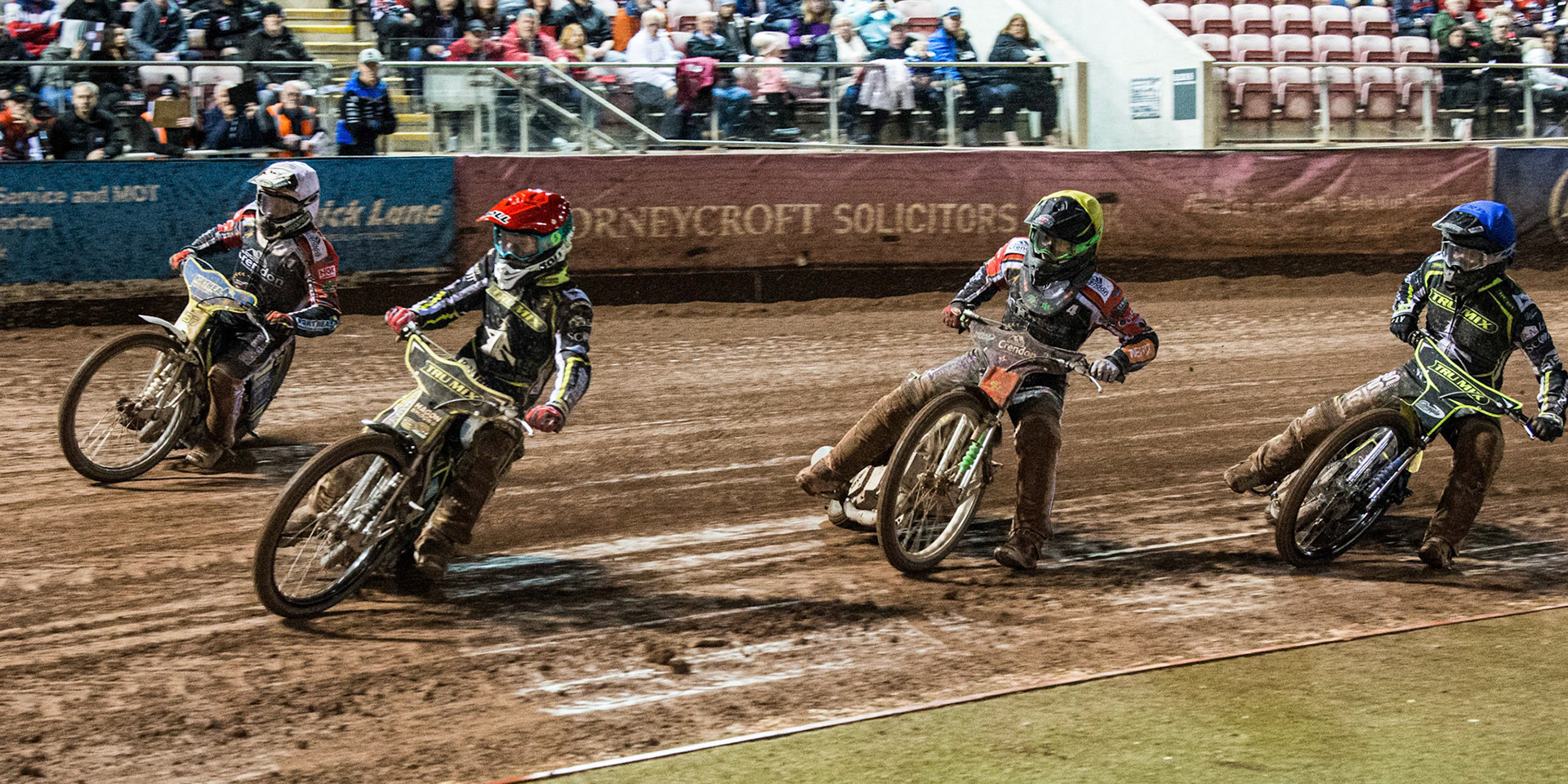 Jason Doyle (Red) leads Chris Harris (White) Benjamin Basso (Yellow) and Erik Riss (Blue)  during the Grant Henderson Pairs at the National Speedway Stadium, Manchester on Thursday 27th October 2022. (Credit: Ian Charles | MI NEWS)