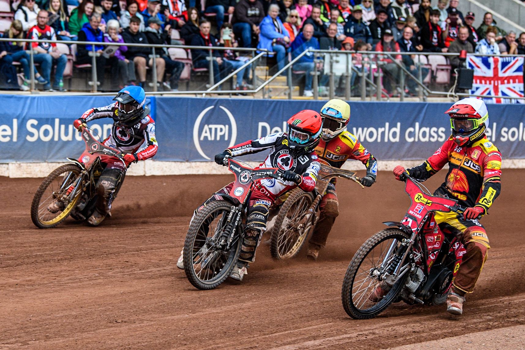 Max Fricke (White) inside Dan Bewley (Red) and Norick Blodorn (Blue) with Justin Sedgmen (Yellow) behindduring the Sports Insure Premiership match between Belle Vue Aces and Leicester Lions at the National Speedway Stadium, Manchester on Monday 28th August 2023. (Photo: Ian Charles | MI News)