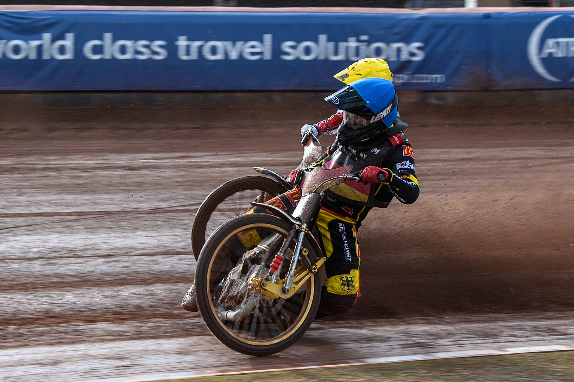 Norick Blödorn of Germany in Blue rides inside Anders Thomsen of Denmark in Yellow during the Monster Energy FIM Speedway of Nation Final at the National Speedway Stadium, Manchester on Saturday 13th July 2024. (Photo: Ian Charles | MI News)