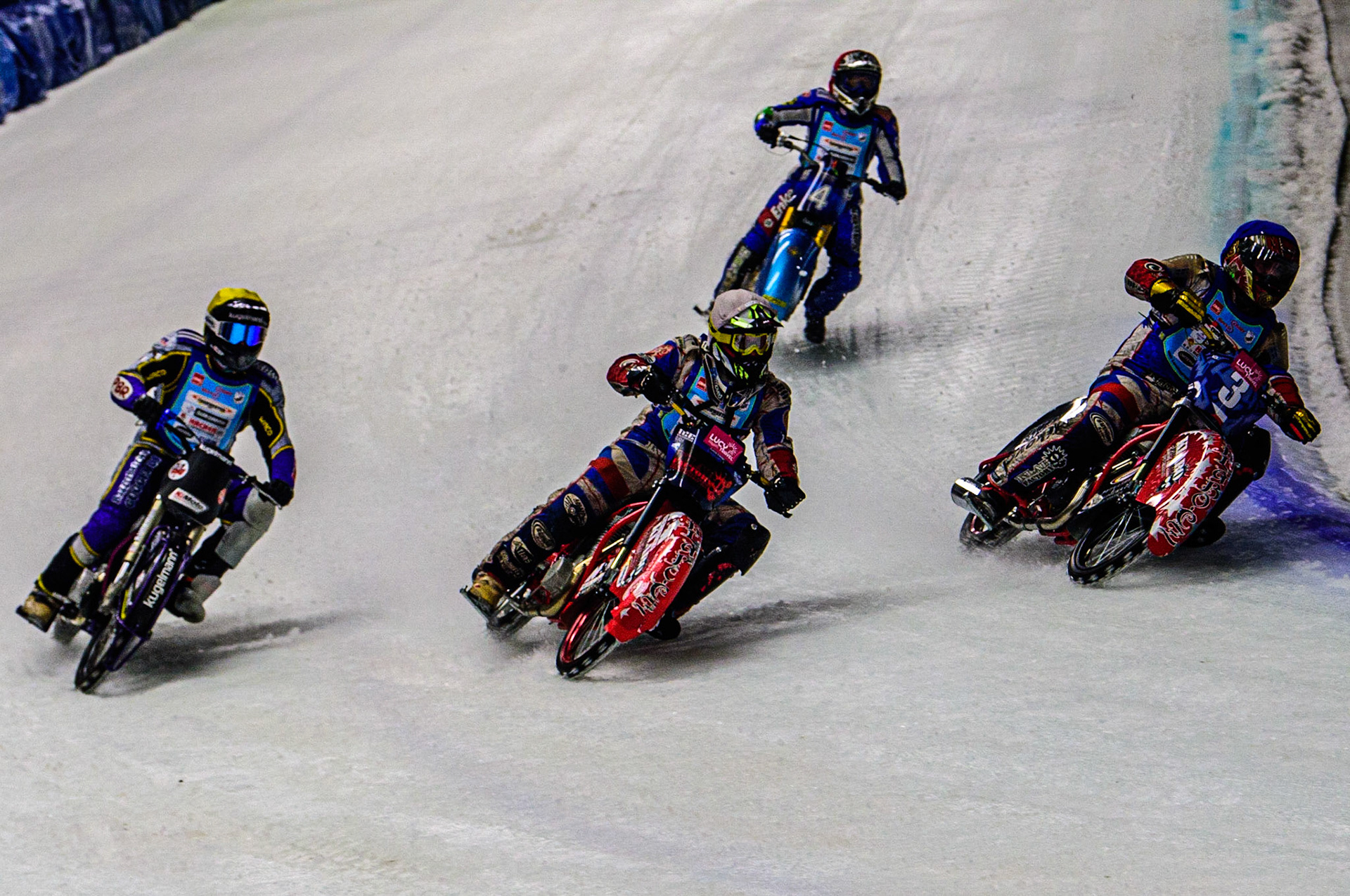 Antonin Klatovsky (Blue) inside Jan Klatovsky (White) and Christoph Kirchner (Yellow) with Martin Leitner (Red) behind during the Race of Legends at the Max-Aicher-Arena, Inzell on Friday 17th March 2023. (Photo: Ian Charles | MI News)