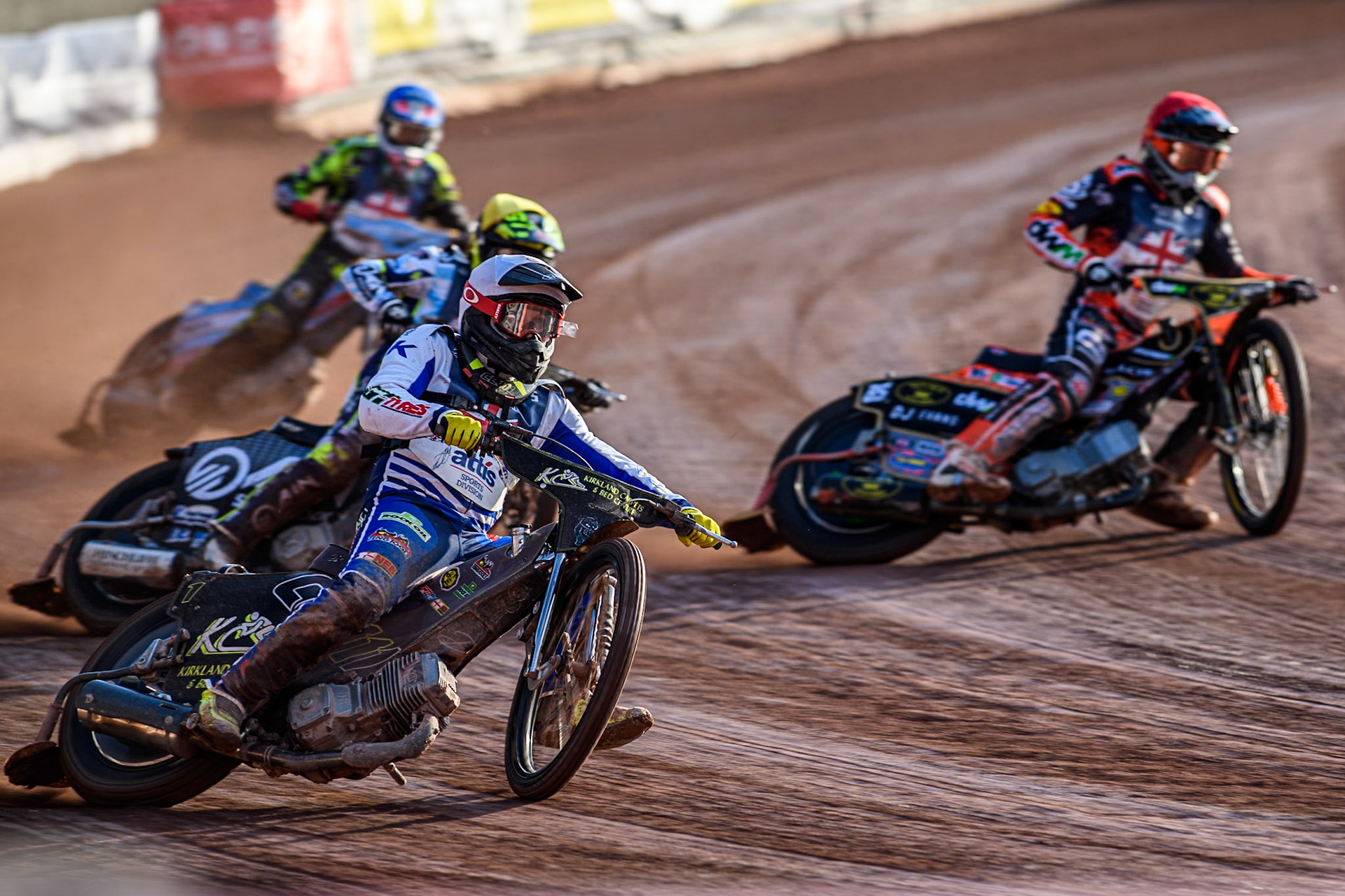 Craig Cook in White leading Jordan Jenkins in Red, Lewis Kerr in Yellow and Drew Kemp in Blue during the Attis Insurance Sports Division British Speedway Championship Final at the National Speedway Stadium, Manchester on Saturday 8th June 2024. (Photo: Ian Charles | MI News)