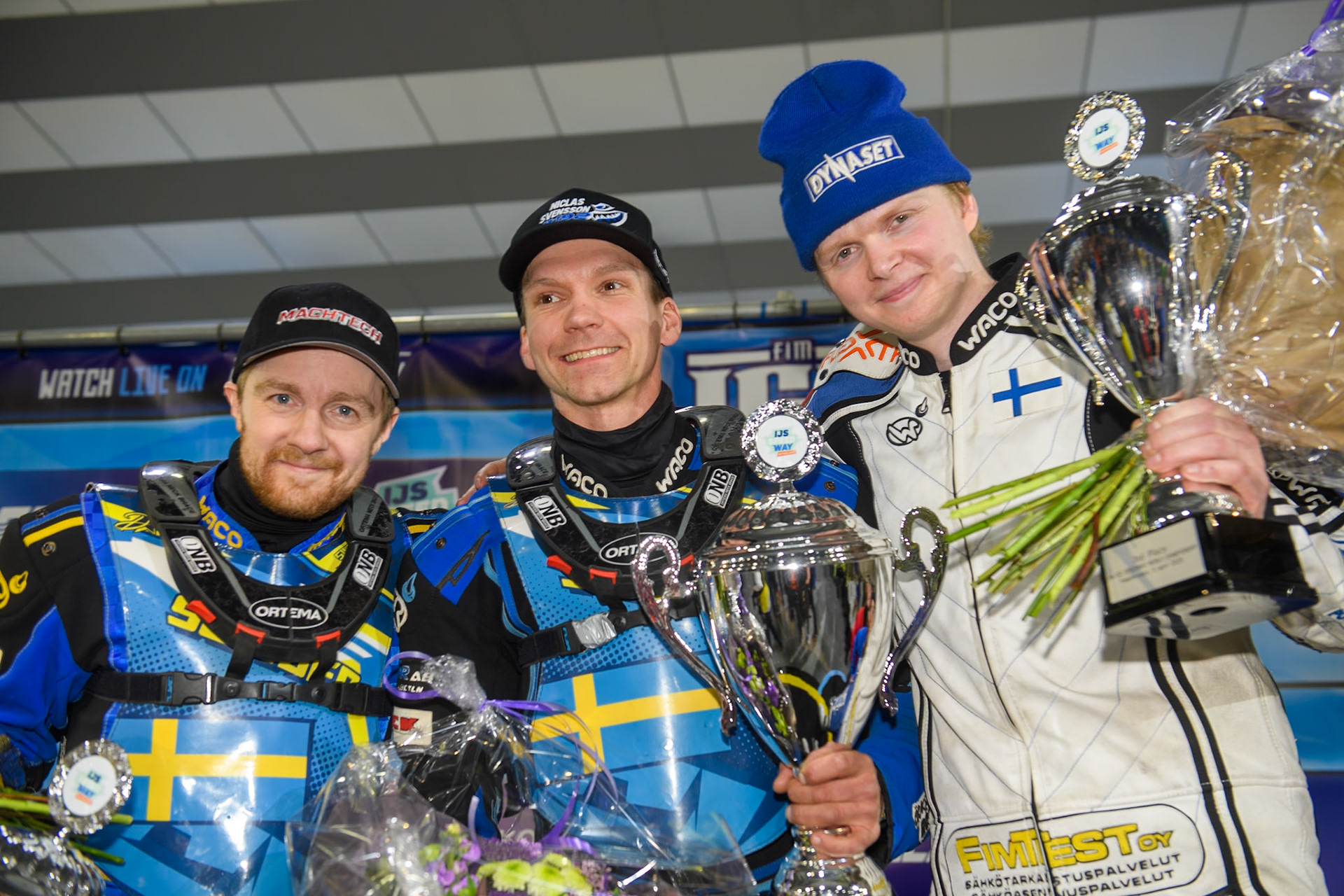 Saturday’s top 3: (L to R) Martin Haarahiltunen (2nd), Niclas Svensson (Winner), Max Koivula (3rd) during the FIM Ice Speedway Gladiators World Championship, Final 3 at the Ice Stadium, Thialf, Heerenveen on Saturday 5th April 2025. (Photo: Ian Charles | MI News)