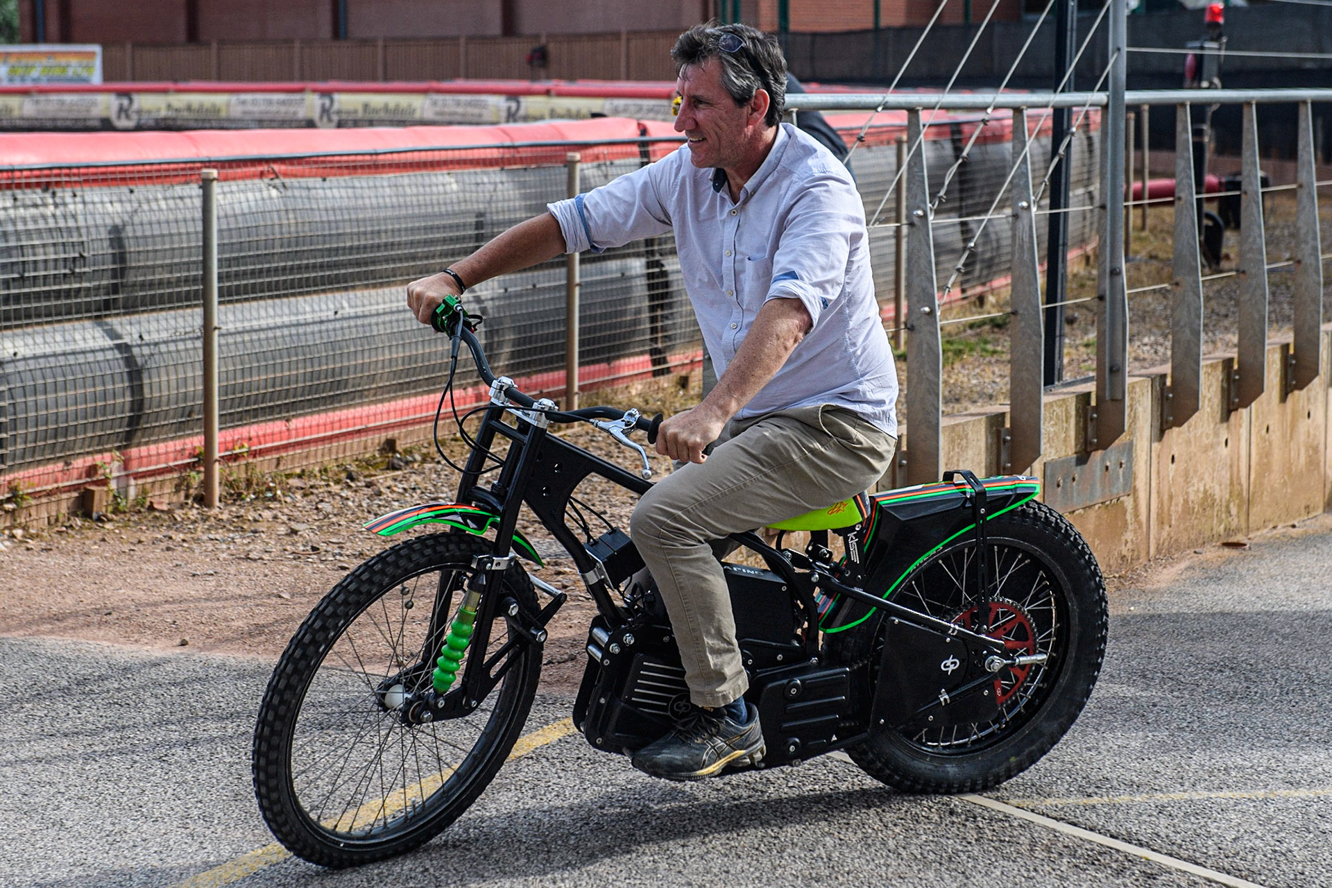 Belle Vue Speedway CEO Mark Lemon has a quick spin around the pits on the new Electric Speedway Bike during the British Youth Speedway Championships at the National Speedway Stadium, Manchester on Friday 21st July 2023. (Photo: Ian Charles | MI News)