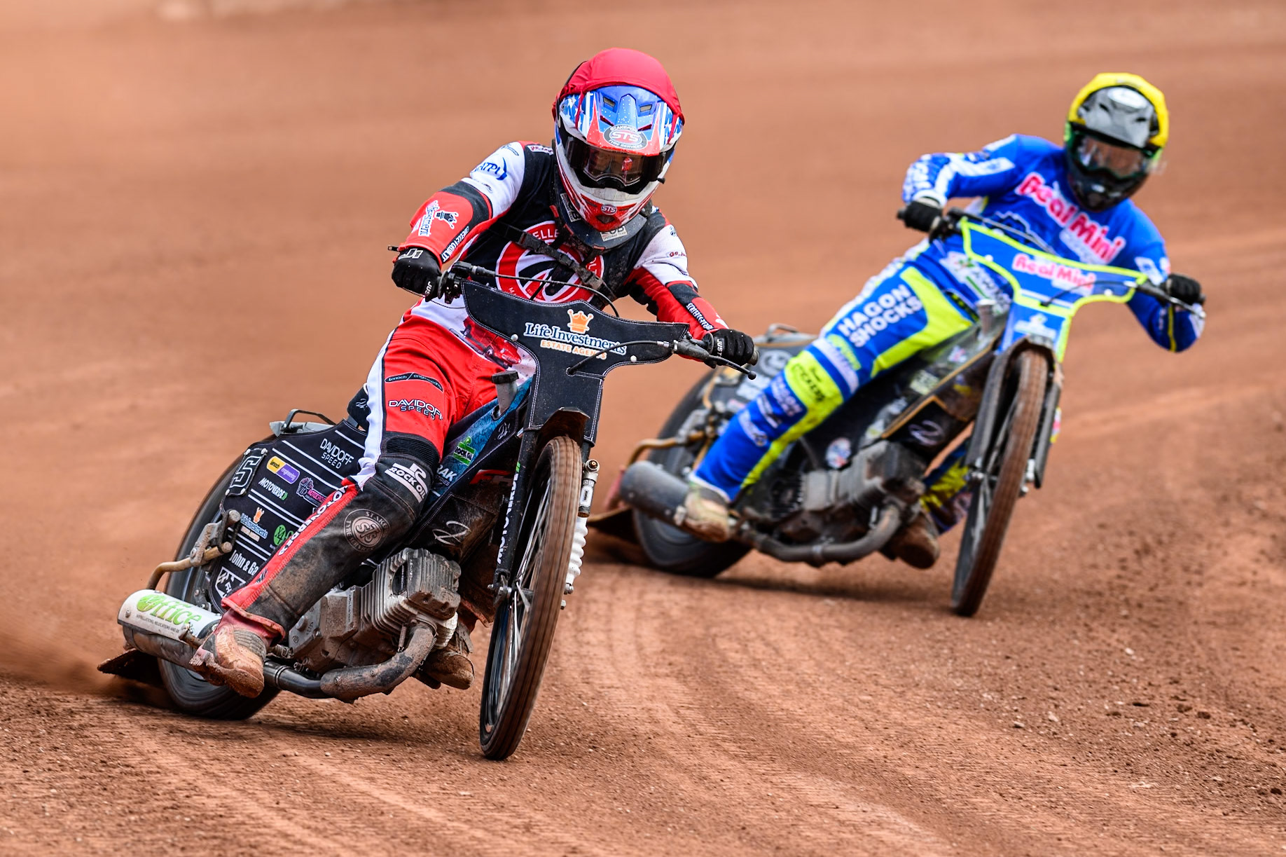 Belle Vue Colts' Freddy Hodder  in Red leading Oxford Chargers' Ashton Vale  in Yellow during the WSRA National Development League match between Belle Vue Colts and Oxford Chargers at the National Speedway Stadium, Manchester on Sunday 1st June 2025. (Photo: Ian Charles | MI News)