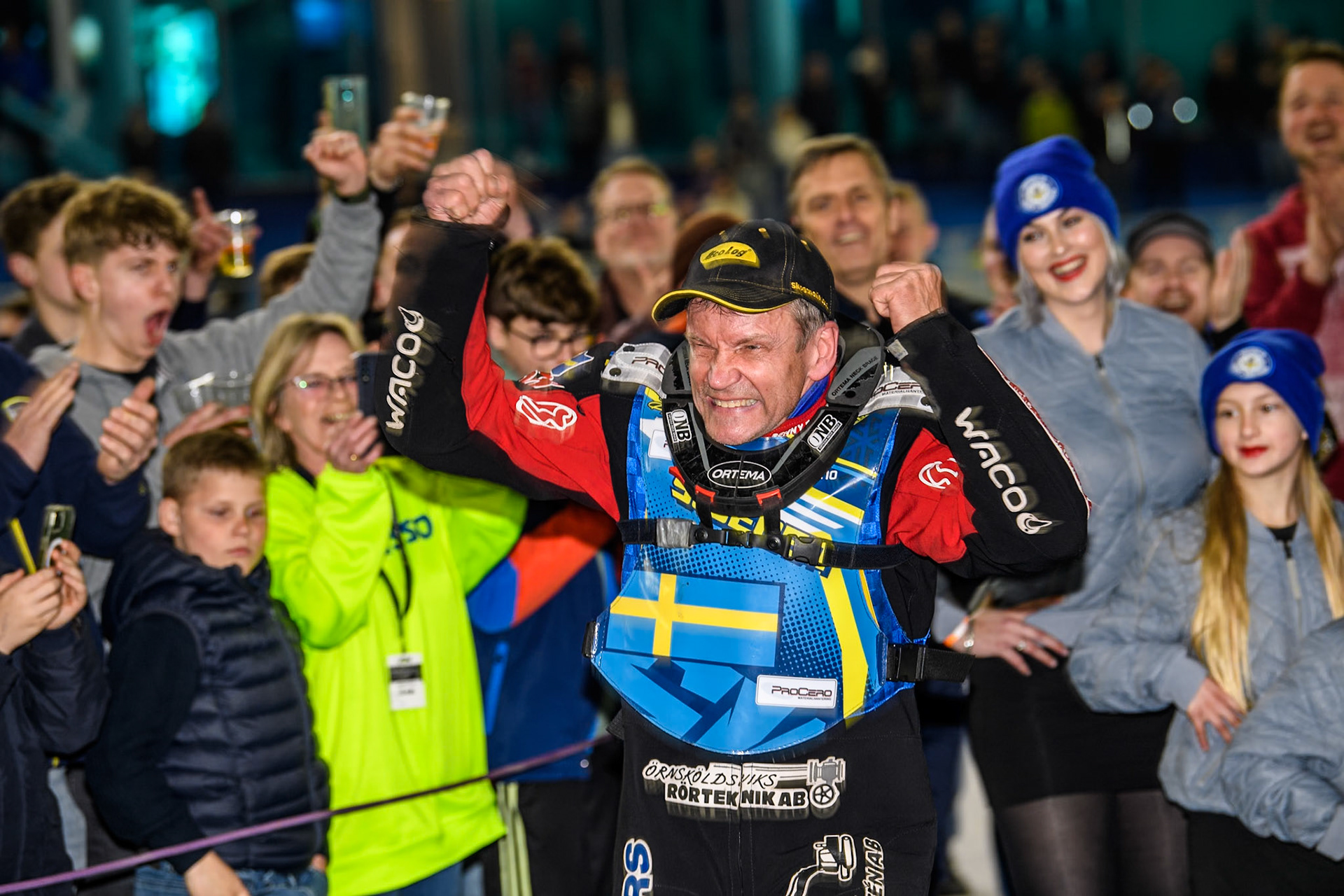 A jubilant Stefan Svensson after winning his first grand final during the FIM Ice Speedway Gladiators World Championship Final 4 at Ice Rink Thialf, Heerenveen on Sunday 7th April 2024. (Photo: Ian Charles | MI News)