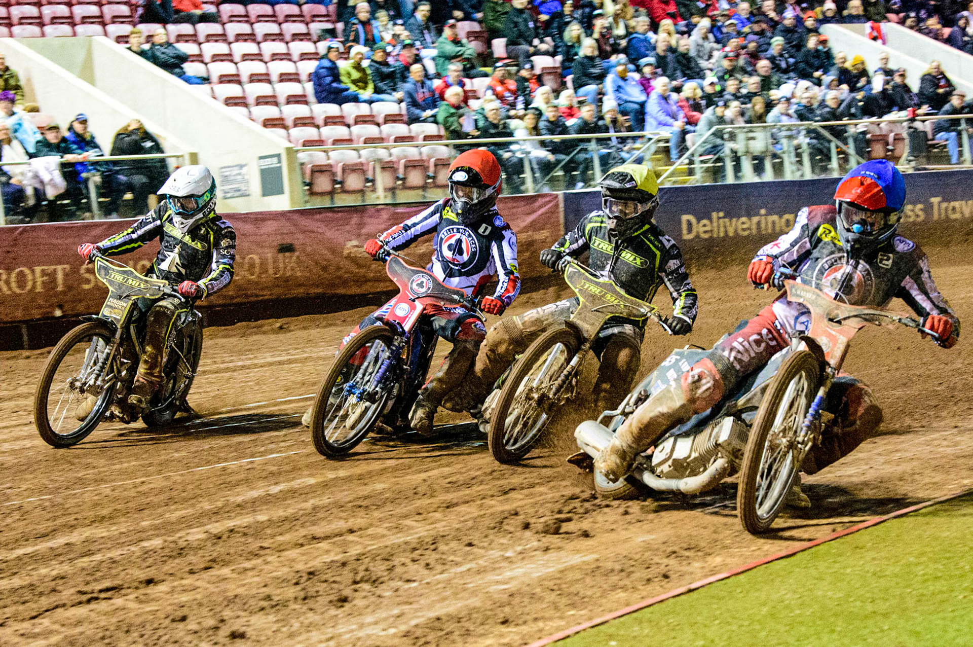 Grand Final: Matej Zagar (Blue) inside Erik Riss (Yellow), Brady Kurtz (Red) and Jason Doyle (White) during the Grant Henderson Pairs at the National Speedway Stadium, Manchester on Thursday 27th October 2022. (Credit: Ian Charles | MI NEWS)