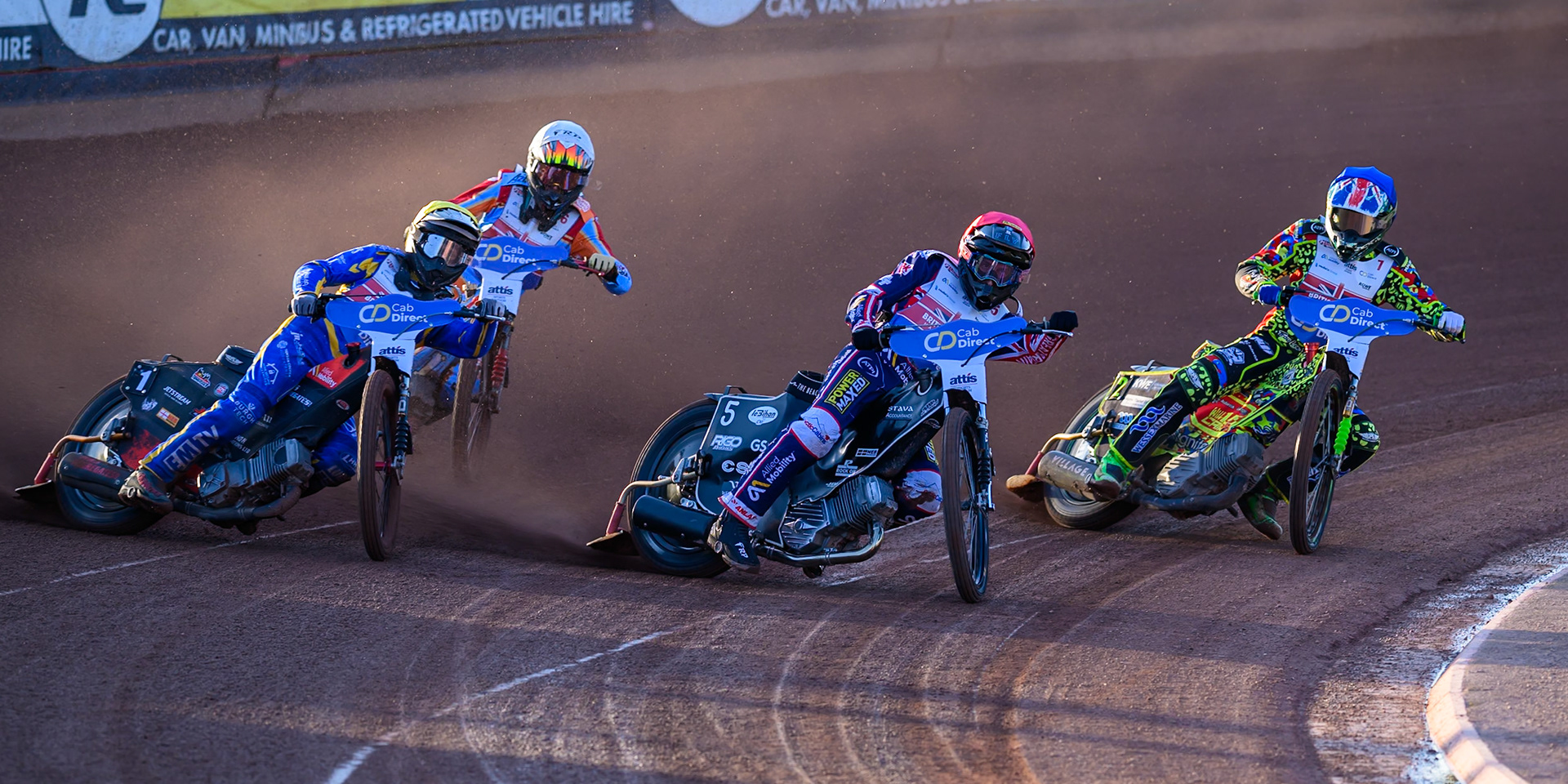 Adam Ellis (5) in Red leading Dan Thompson (8) in Yellow , Will Cairns (7) in Blue  and Drew Kemp (6) in White during the Cab Direct British Speedway Championship Final at the National Speedway Stadium, Manchester on Saturday 15th August 2026. (Photo: Ian Charles | MI News)