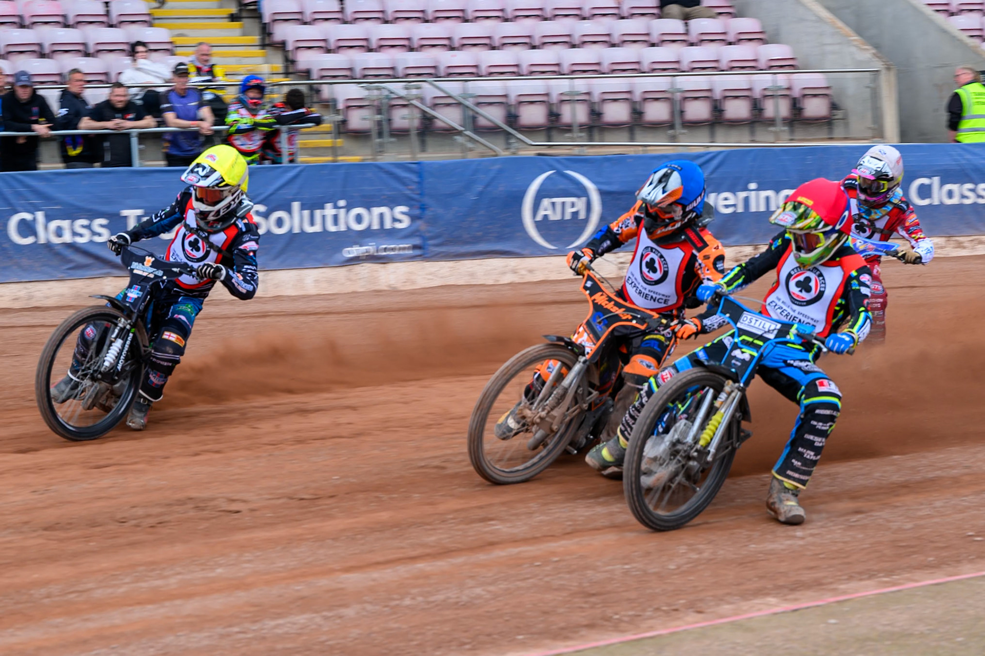 JR ASHWORTH &amp; SONS COLTS ACADEMY INDIVIDUALSenna Summers  in Red rides inside Mickie Simpson in Blue and Freddy Hodder  in Yellow with Stene Pijper in White behind during the JR Ashworth &amp; Sons Colts Individual at the National Speedway Stadium, Manchester on Sunday 10th May 2026. (Photo: Ian Charles | MI News)