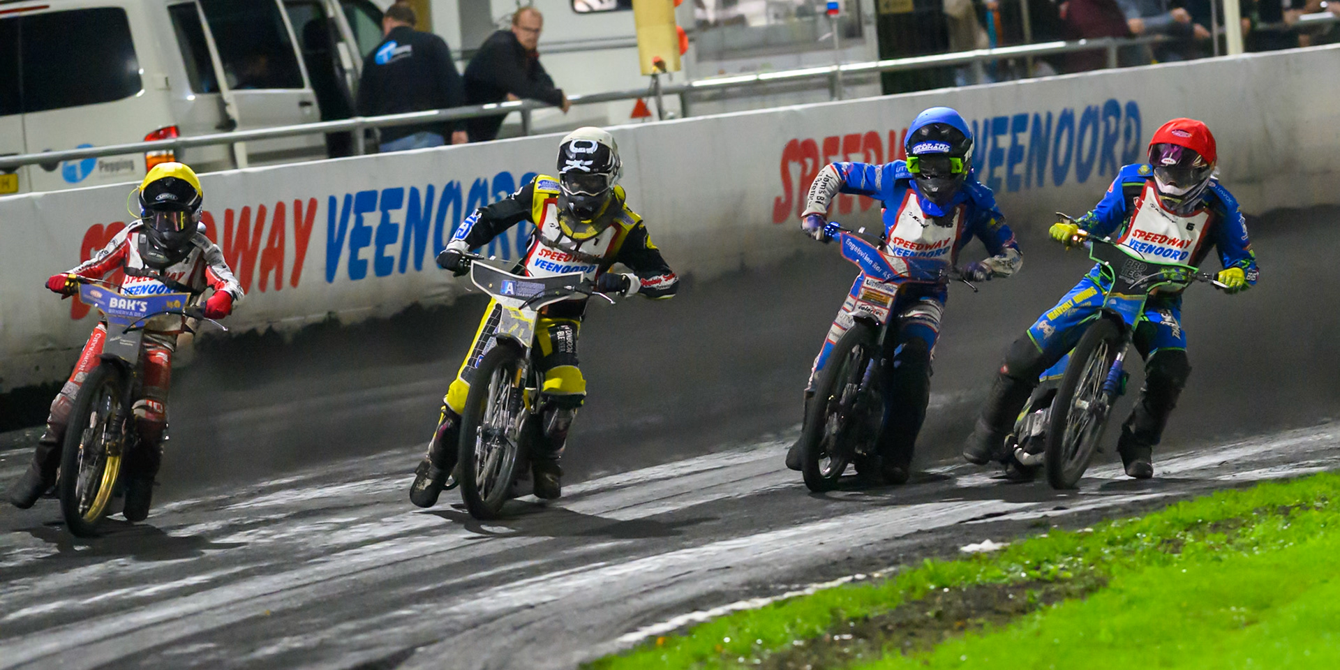 (L to R) Jacob D. Jensen of Denmark, Mika Meijer of The Netherlands in White, Truis Kamhaug of Norway in Blue  and Michael West of Australia in Red during the Gouden KENNY Helm at Speedway Veenoord, Veenoord in the Netherlands on Saturday 19th September 2026. (Photo: Ian Charles | MI News)