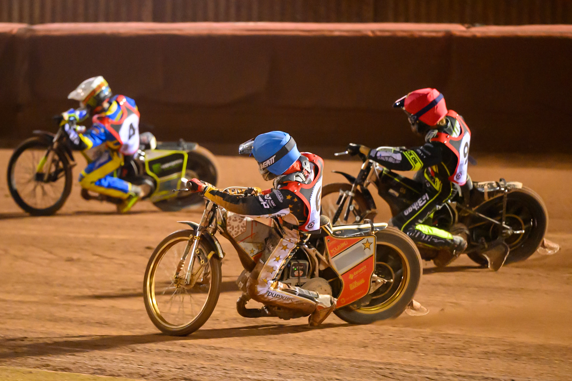 Norick Blodorn  in Blue rides inside Adam Ellis  in Red and Chris Holder  in Yellow during the Peter Craven Memorial Trophy at the National Speedway Stadium, Manchester, on Monday 16th March 2026. (Photo: Ian Charles | MI News)