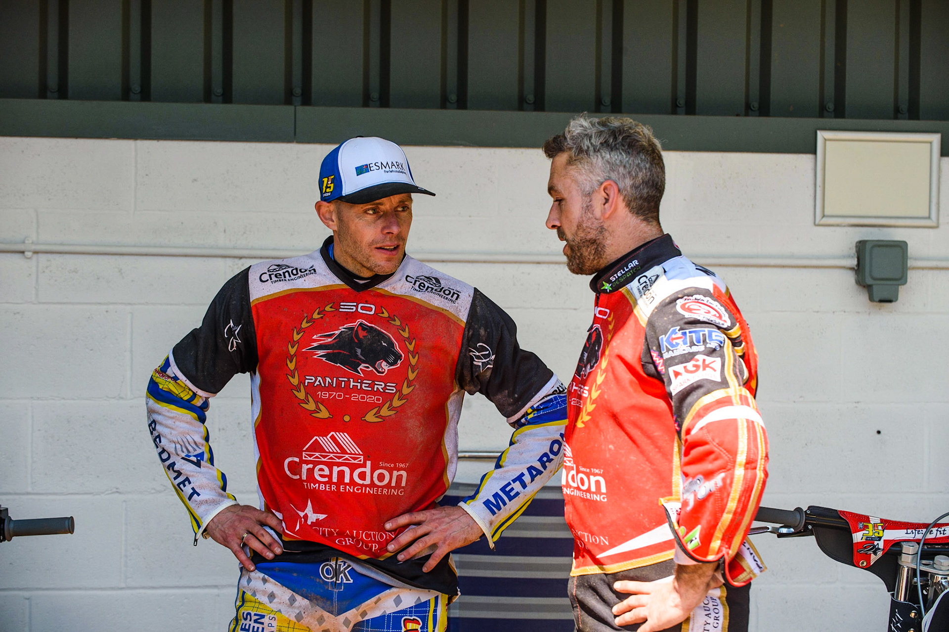 MANCHESTER, UK. MAY 31ST  Bjarne Pedersen  (left) chats with Scott Nicholls  during the SGB Premiership match between Belle Vue Aces and Peterborough at the National Speedway Stadium, Manchester on Monday 31st May 2021. (Credit: Ian Charles | MI News)