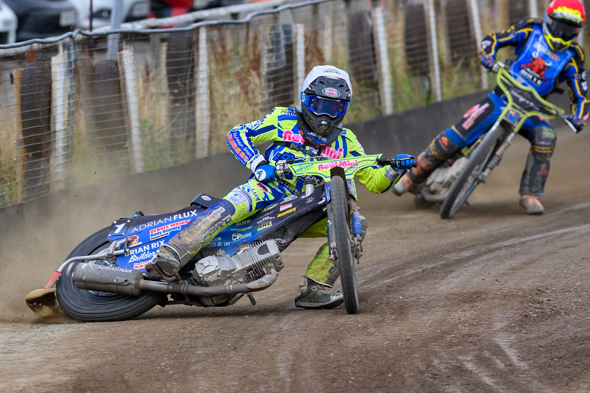 Jody Scott of Oxford Chargers in White leading Ben Whalley, Guest Rider for Buxton Bulls in Red during the WSRA National Development League match between Buxton Bulls and Oxford Chargers at Hi-Edge Speedway, Buxton on Sunday 2nd August 2026. (Photo: Ian Charles | MI News)