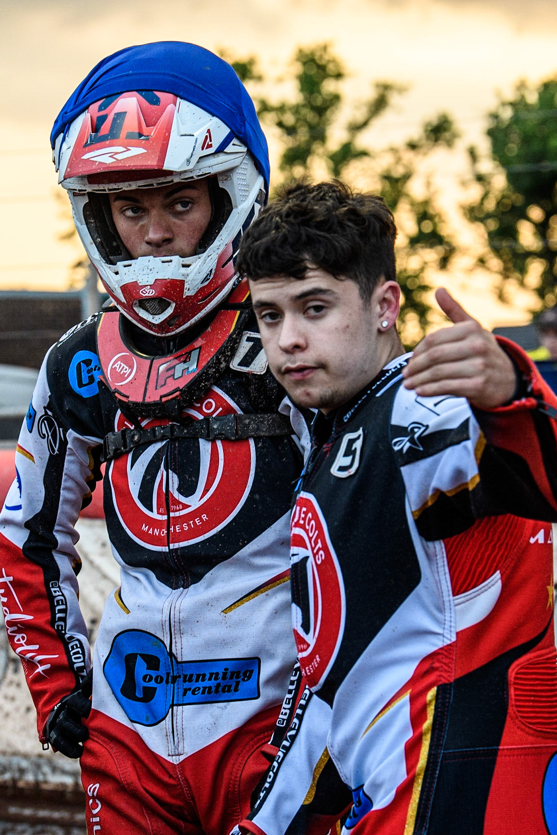 Freddy Hodder (right) passes on some advice to Freddy Hodder during the National Development League match between Belle Vue Colts and Mildenhall Fens Tigers at the National Speedway Stadium, Manchester on Friday 26th May 2023. (Photo: Ian Charles | MI News)