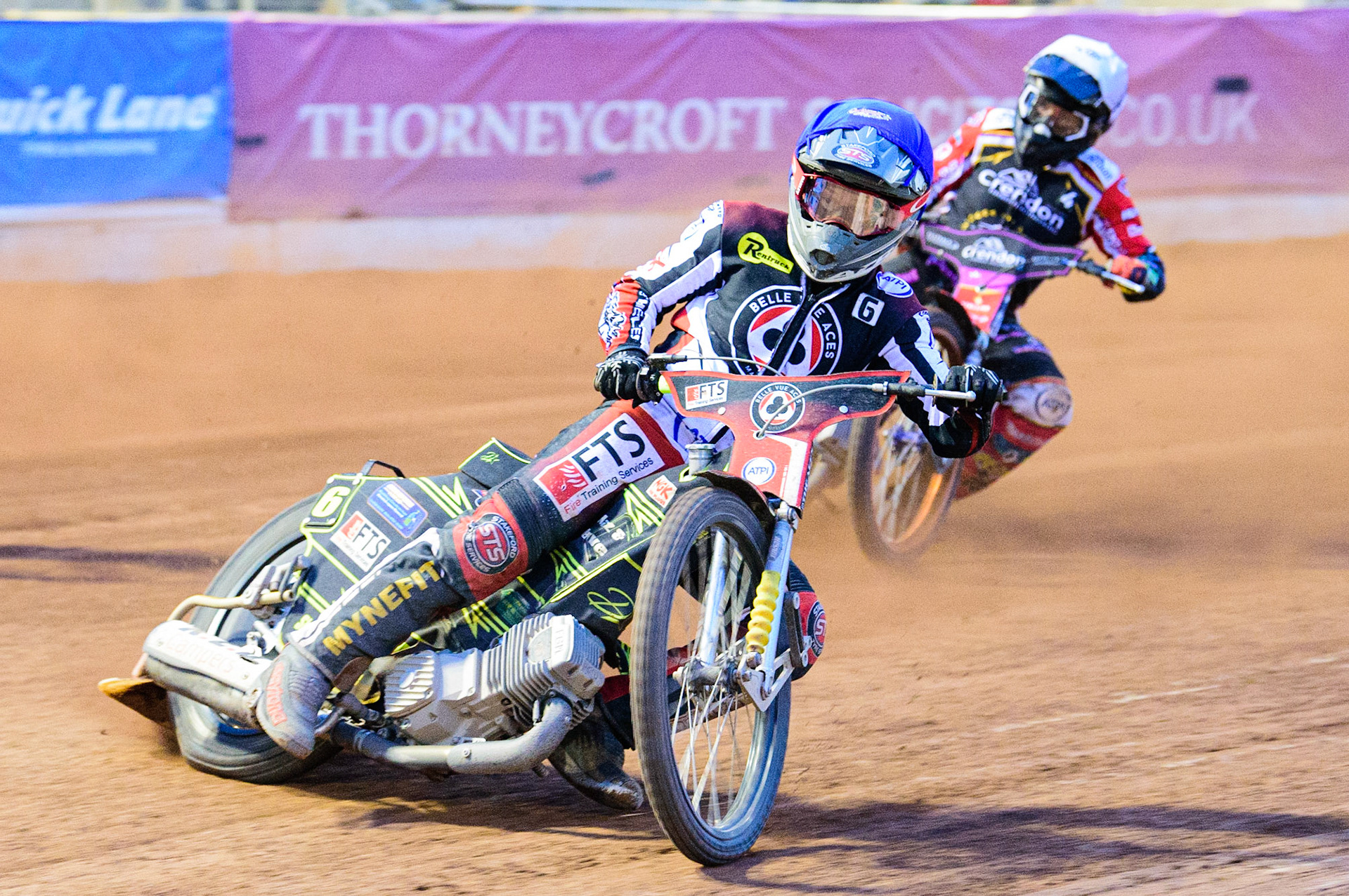 Jye Etheridge  (Blue) leads Scott Nicholls (Yellow) during the SGB Premiership match between Belle Vue Aces and Peterborough at the National Speedway Stadium, Manchester on Monday 25th July 2022. (Credit: Ian Charles | MI News