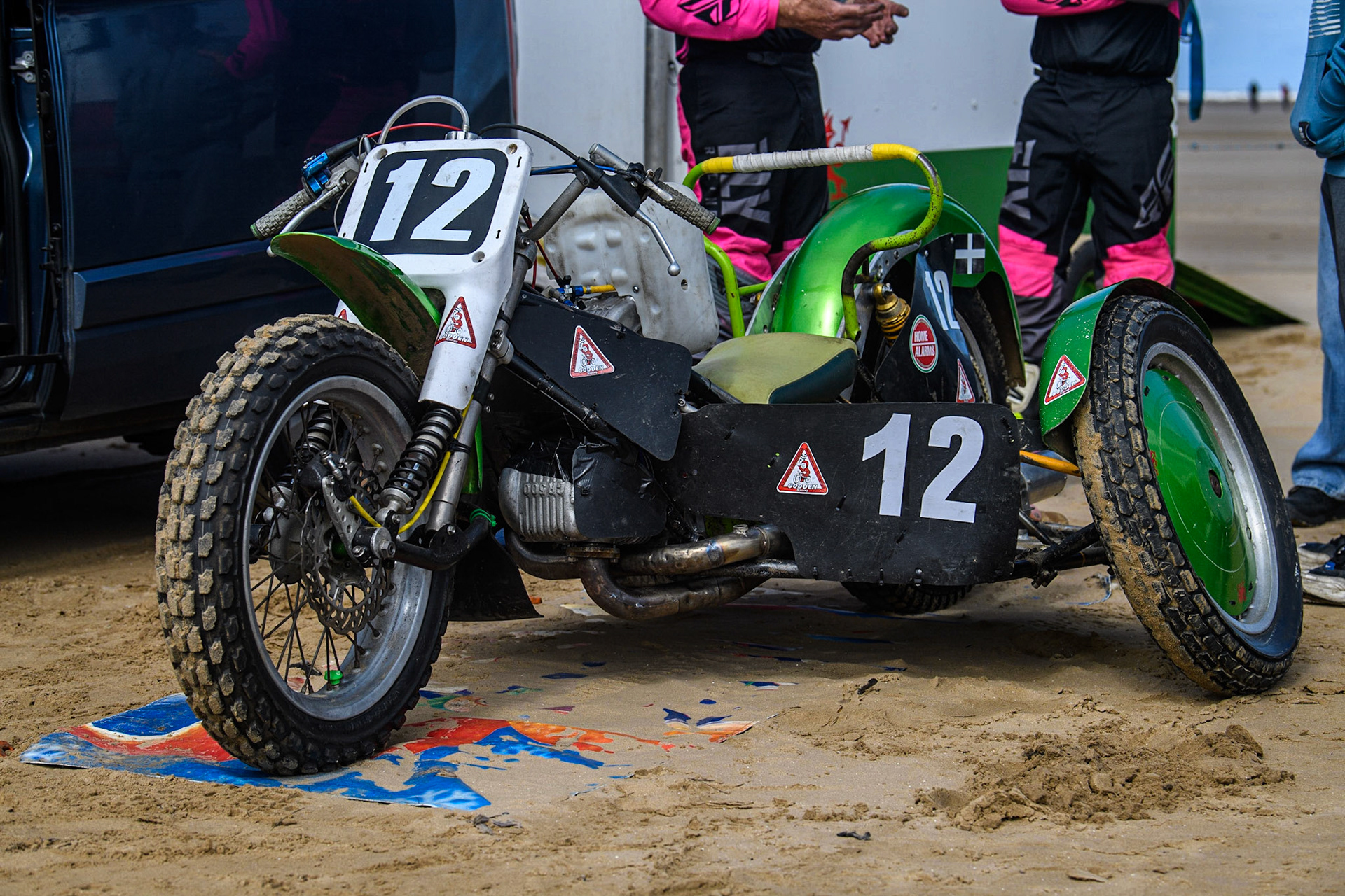 One of the 1000cc sidecar outfits belonging to Neal Owen &amp; Jason Farwell (12) during the Fylde ACU British Sand Racing Masters Championship at  St Annes on Sea, Lancashire on Sunday 30th July 2023. (Photo: Ian Charles | MI News)