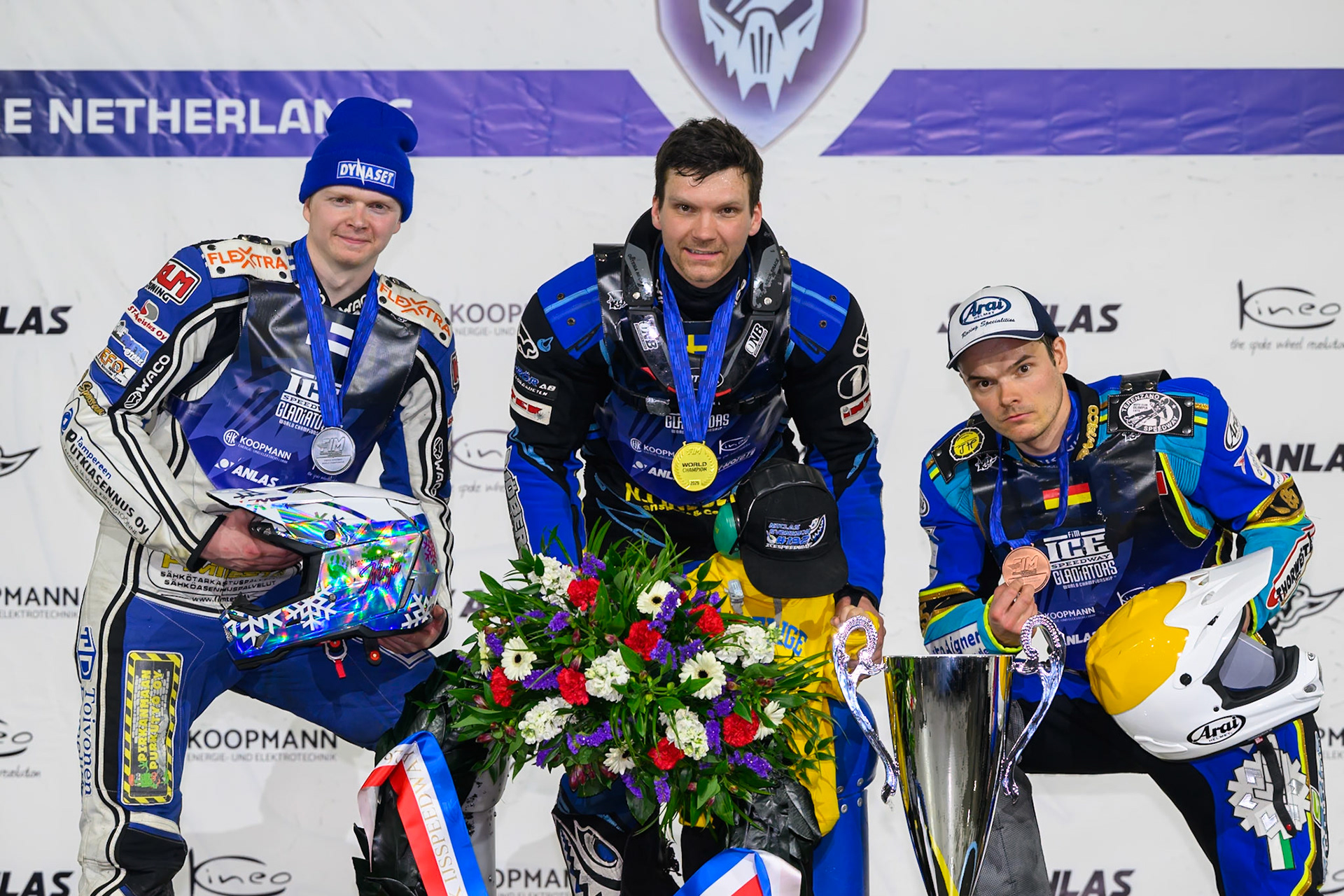 World Championship top 3: (L to R) Max Koivula (24) of Finland  (2nd), Niclas Svensson (192) of Sweden  (Winner), Luca Bauer (85) of Italy/Germany (3rd0 during the FIM Ice Speedway Gladiators World Championship Final 3 at Ice Rink Thialf, Heerenveen on Saturday 11th April 2026. (Photo: Ian Charles | MI News)