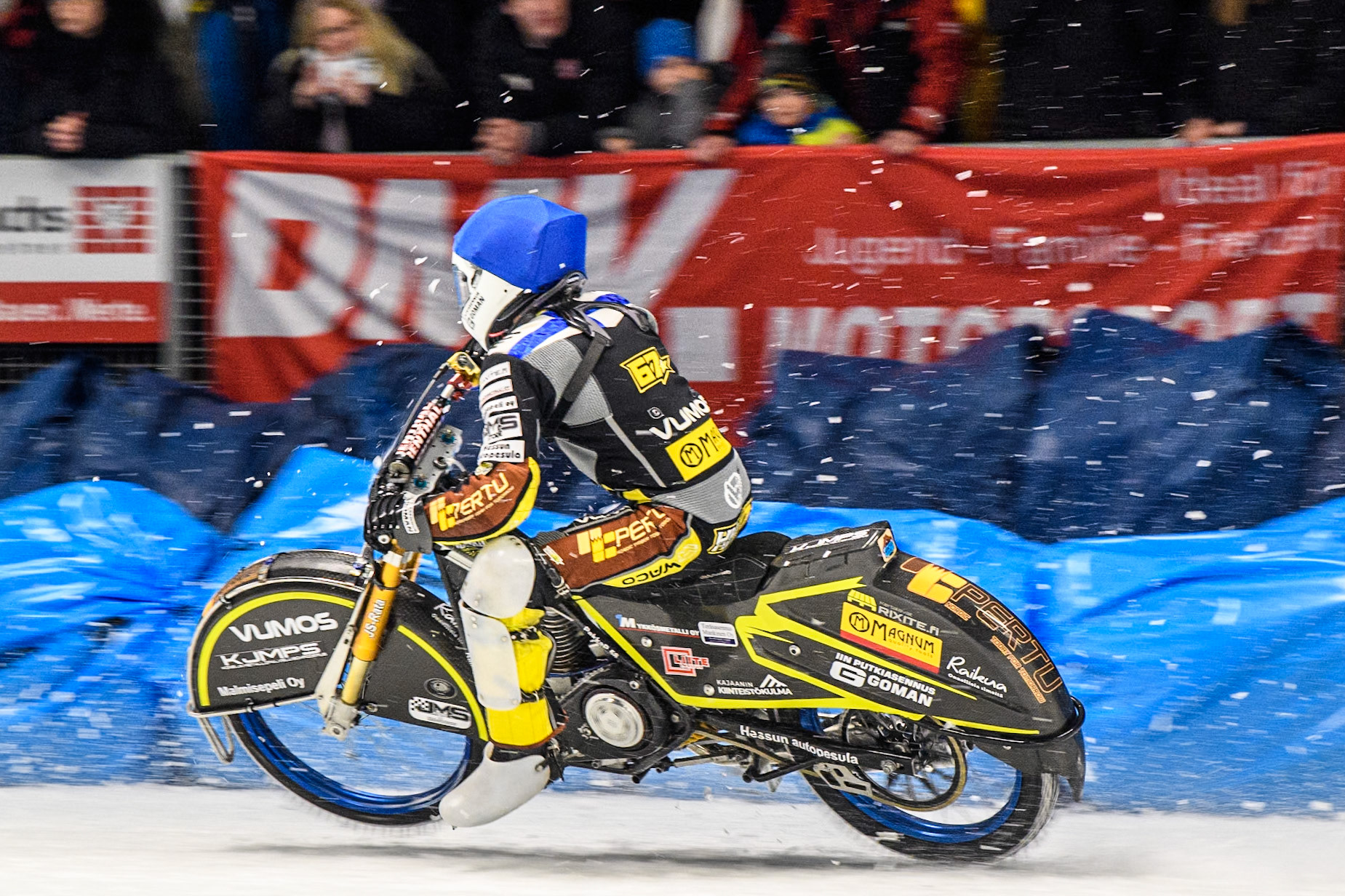 Heikki Huusko (67) of Finland in action during the Ice Speedway Gladiators World Championship Final 1 at Max-Aicher-Arena, Inzell on Saturday 15th March 2025. (Photo: Ian Charles | MI News)