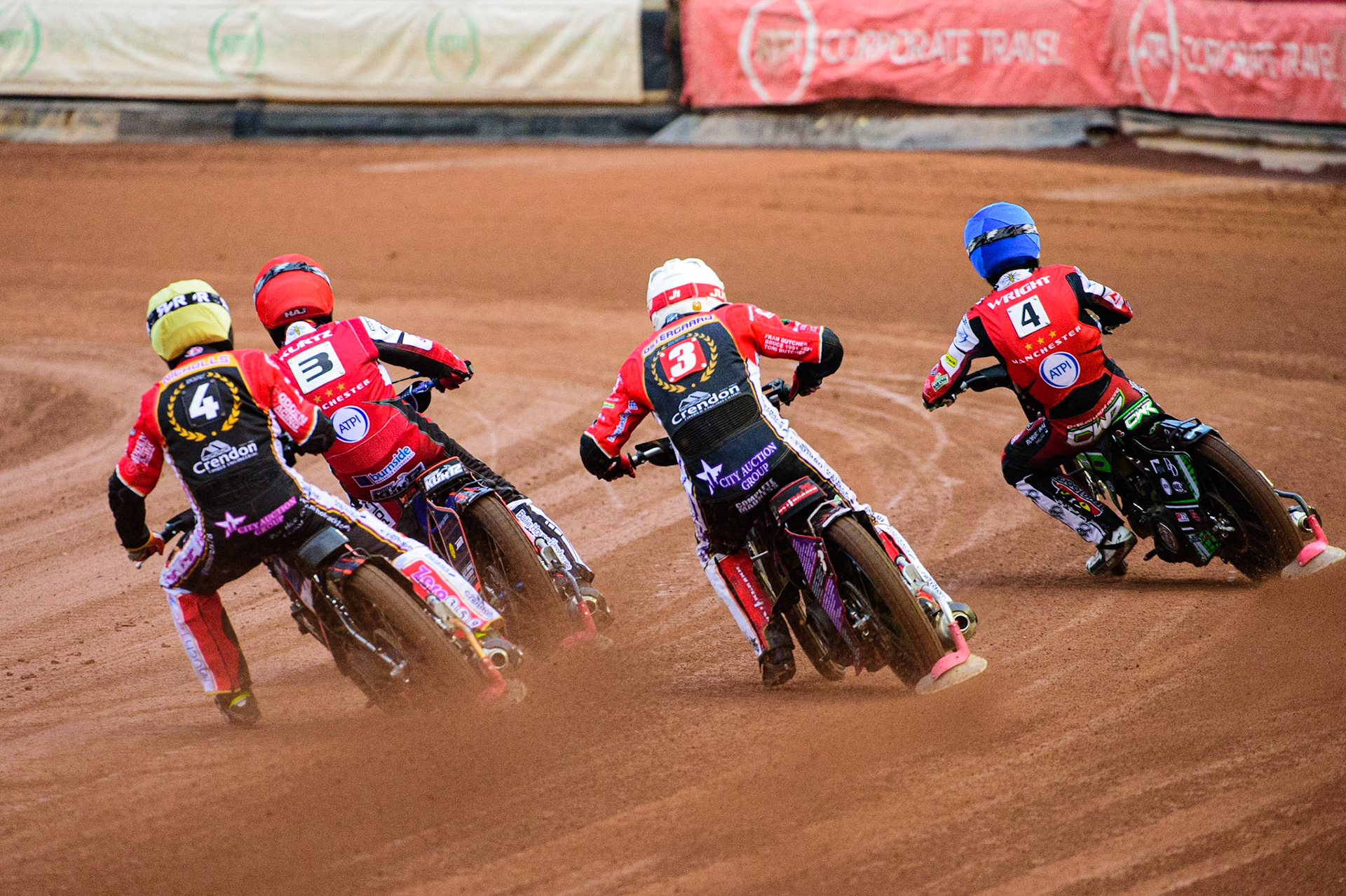 Scott Nicholls  (Yellow) and Ulrich Oostergaard  (White) chase Brady Kurtz (Red) and Charles Wright during the SGB Premiership match between Belle Vue Aces and Peterborough at the National Speedway Stadium, Manchester on Monday 25th July 2022. (Credit: Ian Charles | MI News