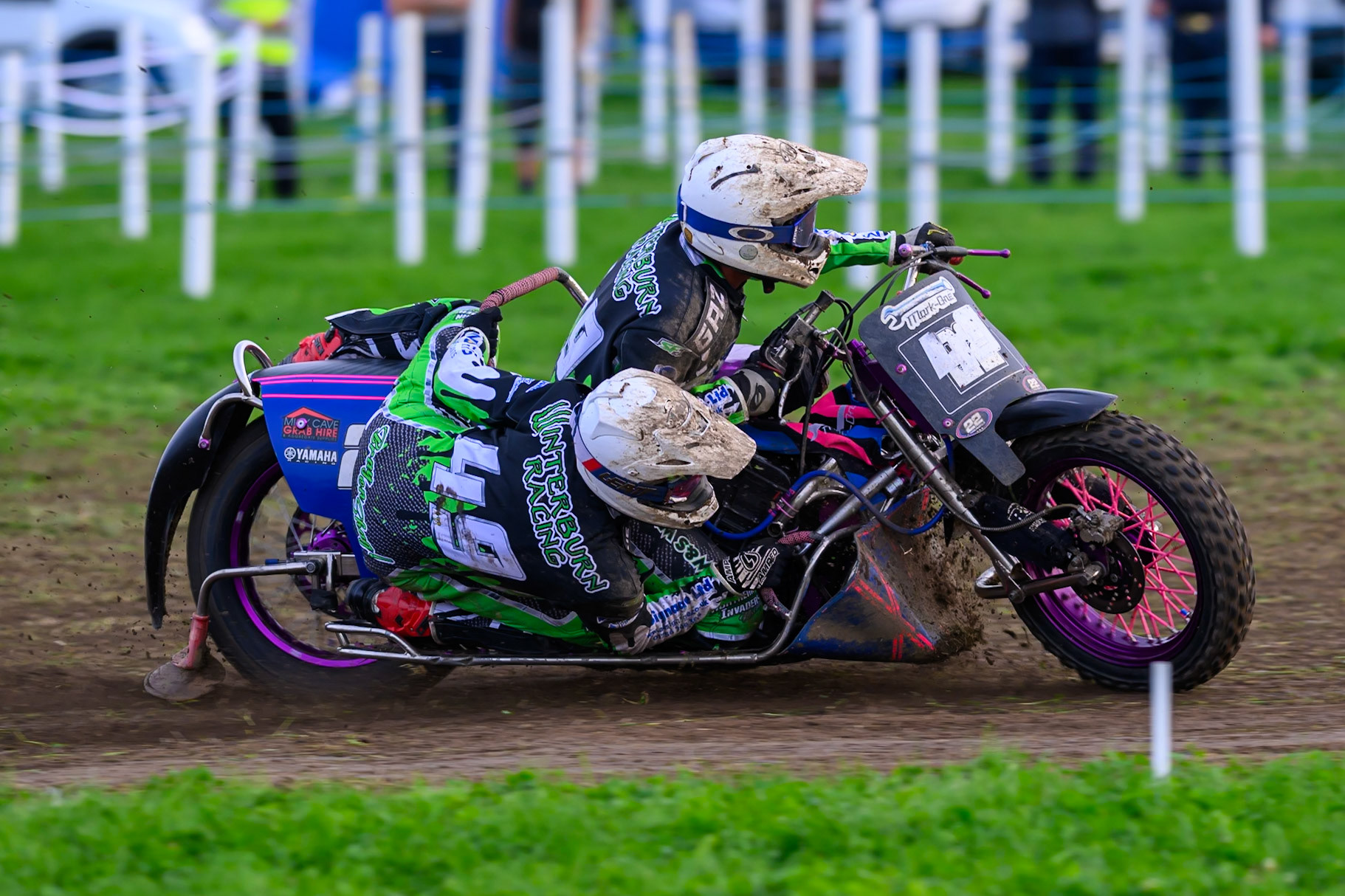 British Masters 1000cc Sidecars:  Gareth Winterburn/Frankie Courtney (49) (on Sidecar no 22) lead the final during the British Masters Grasstrack Championship at Lower Marsh Farm, Much Hoole, Preston in Lancashire, England on Sunday 13th September 2026. (Photo: Ian Charles | MI News)