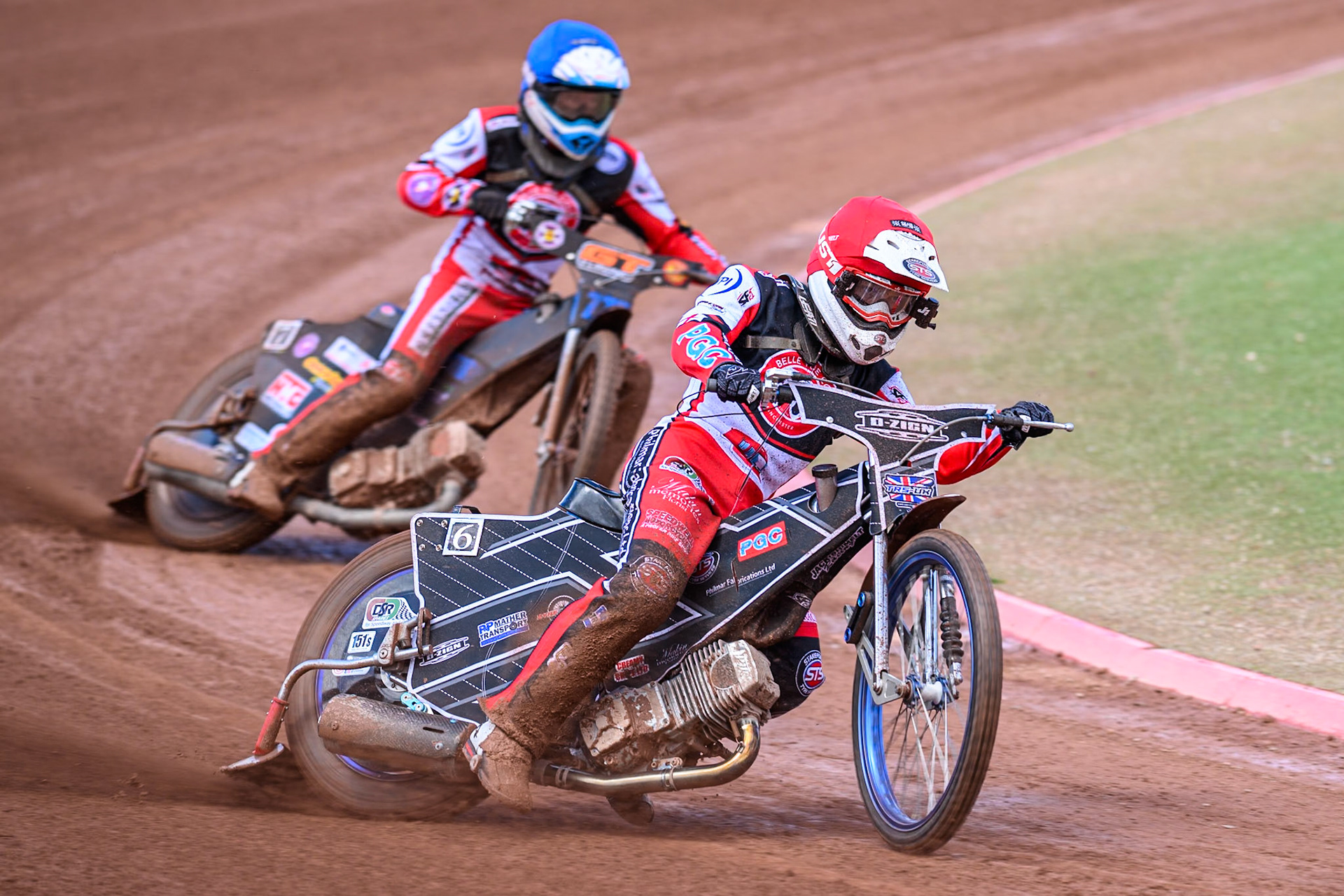 Belle Vue Colts' Jack Shimelt  in Red leading team mate Billy Budd  in Blue during the WSRA National Development League match between Belle Vue Colts and Oxford Chargers at the National Speedway Stadium, Manchester on Sunday 1st June 2025. (Photo: Ian Charles | MI News)