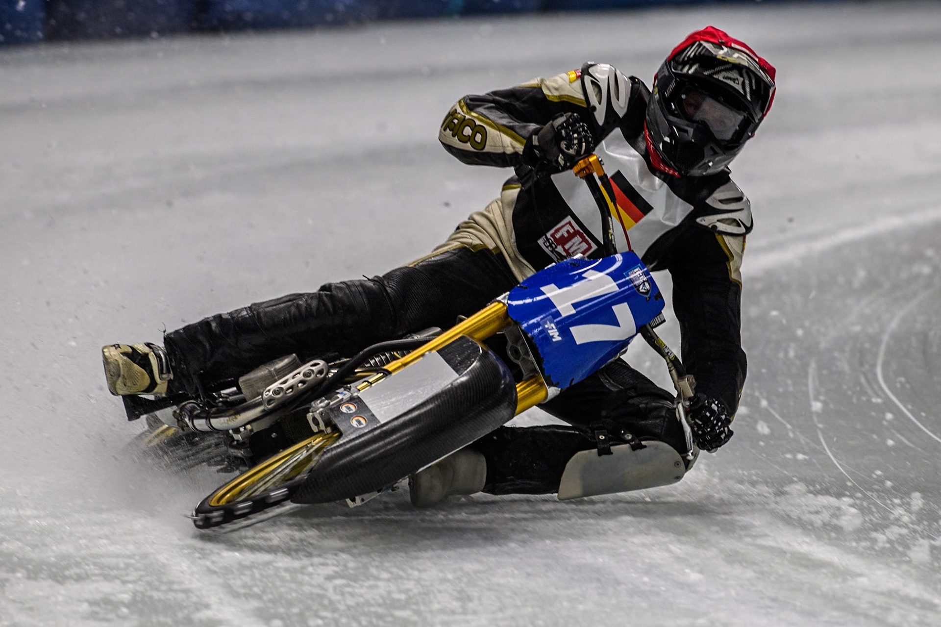 Germany's Franz Mayerbüchler (17) in action during the FIM Ice Speedway Gladiators World Championship Final 1 at the Max-Aicher-Arena, Inzell on Saturday 23 March 2024. (Photo: Ian Charles | MI News)