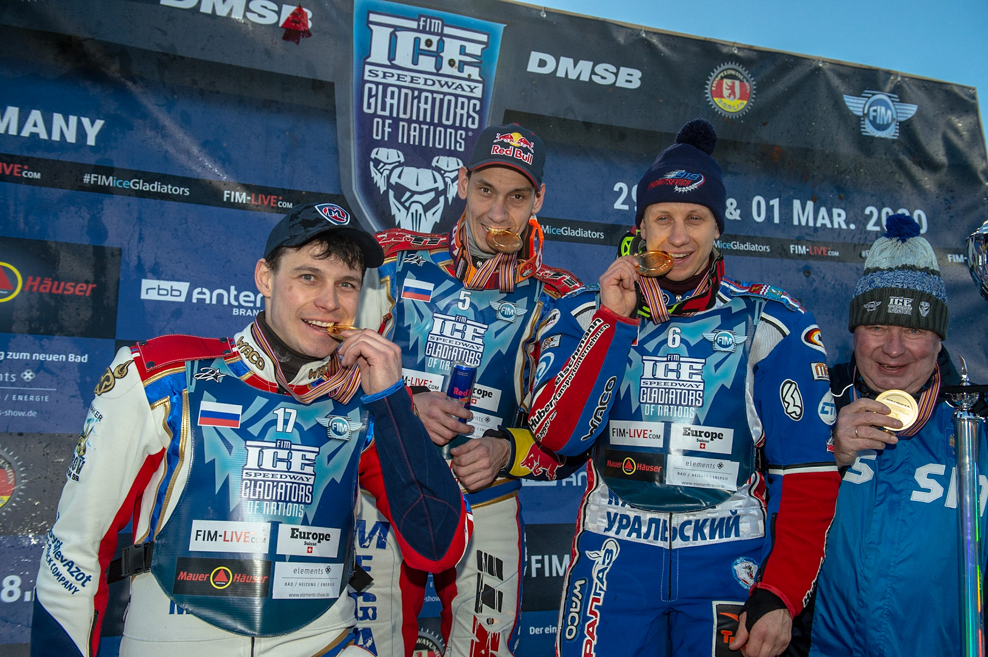 BERLIN GERMANY  - March 1 Russian Team with their medals: (L-r) Igor Kononov, Daniil Ivanov, Dmitri Khomitsevich, Igor Drepin(Manager)   during the Ice Speedway of Nations at the Horst-Dohm-Eisstadion, Berlin,  on Sunday 1 March 2020. (Credit: Ian Charles | MI News)