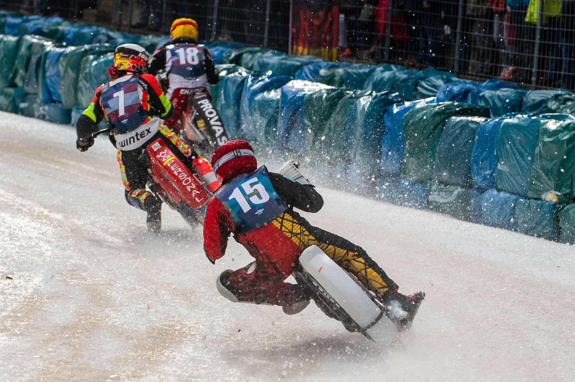 BERLIN GERMANY  - March 1  Denis Slepuchin (Red) chases Harald Simon (White) and Charly Ebner (Yellow)  during the Ice Speedway of Nations at the Horst-Dohm-Eisstadion, Berlin,  on Sunday 1 March 2020. (Credit: Ian Charles | MI News)