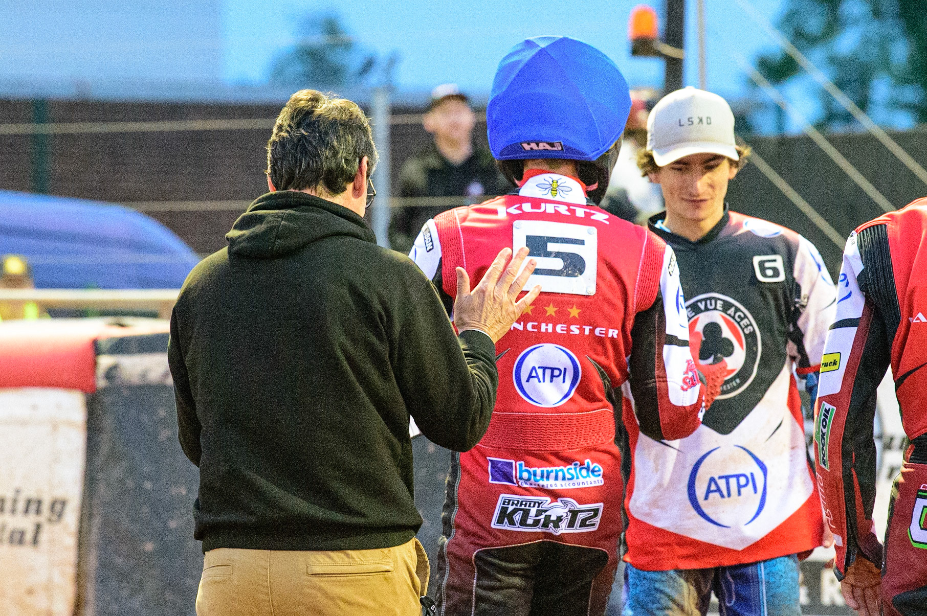 MANCHESTER, UK. JUN 6TH  Mark Lemon  congratulates Brady Kurtz  during the SGB Premiership match between Belle Vue Aces and Ipswich Witches at the National Speedway Stadium, Manchester on Monday 6th June 2022. (Credit: Ian Charles | MI News)
