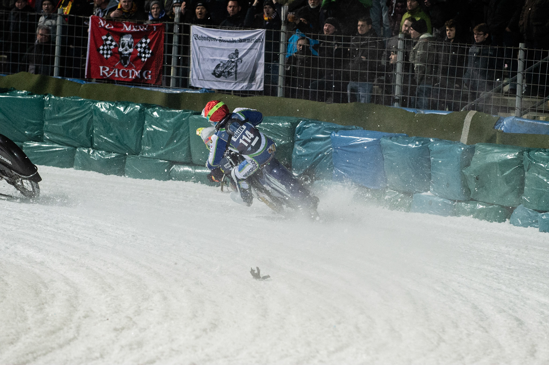 Photo: Ian Charles

Stefan Svensson (58) hits a rut inside Andrei Shishegov (181) and Dinar Valeev (114) causing Shishegov to fall

FIM Ice Speedway Gladiators World Championship, Final 3.1, Horst-Dohm Eisstadion, Berlin, Germany Saturday  2  March  2019