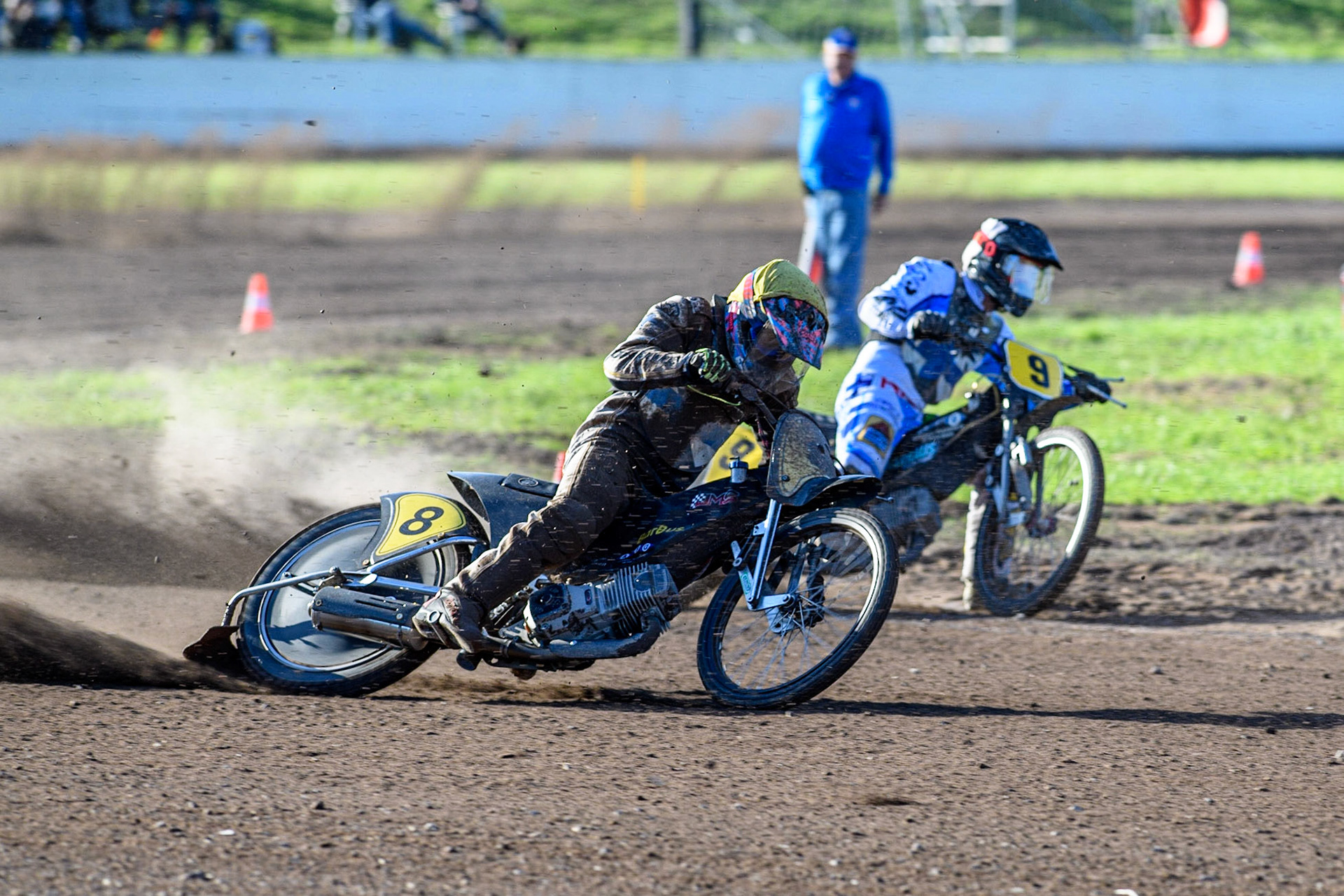 Henri Ahlbom (Yellow) leads  team mate Jesse Mustonen (Black &amp; White) during the FIM Long Track Of Nations event at the Speed Centre Roden on Sunday 24th September 2023. (Photo: Ian Charles | MI News)