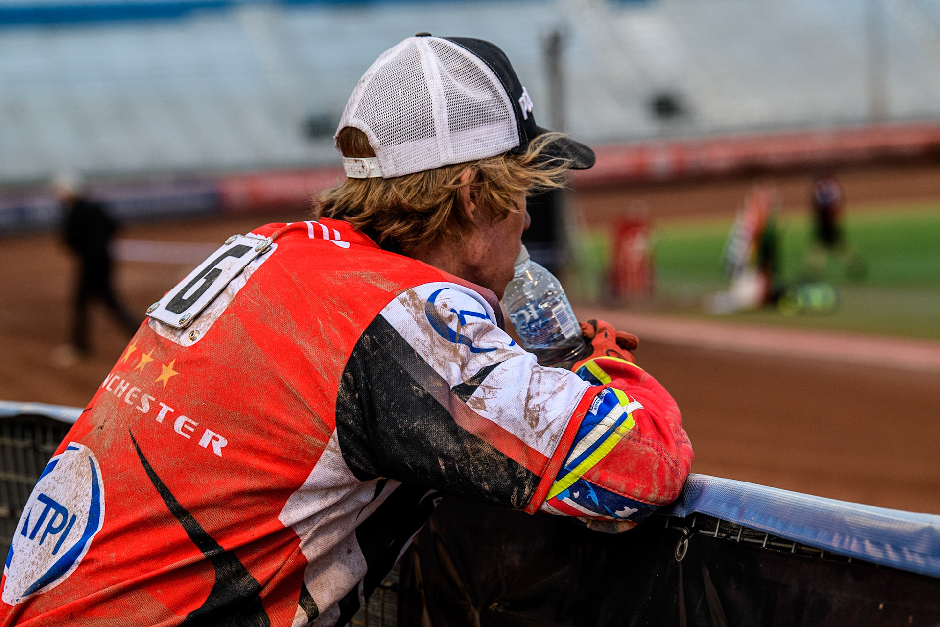 Belle Vue Aces' Tate Zischke  watches the track prep during the Rowe Motor Oil Premiership match between Belle Vue Aces and Ipswich Witches at the National Speedway Stadium, Manchester on Monday 1st July 2024. (Photo: Ian Charles | MI News)