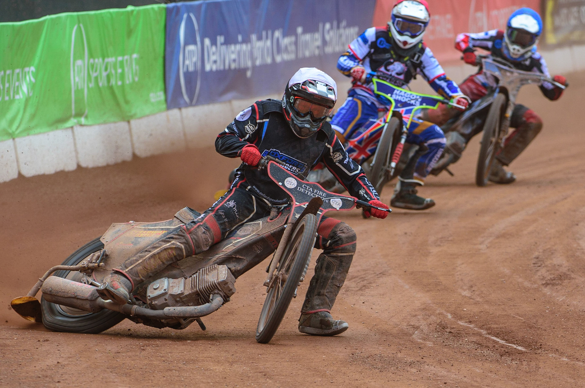 MANCHESTER, UK.  JUN 3RD  Ben Morley (White) leads Jake Mulford   (Red) and Sam McGurk  (Blue) during the National Development League match between Belle Vue Colts and Oxford Chargers at the National Speedway Stadium, Manchester on Friday 3rd June 2022. (Credit: Ian Charles | MI News)
