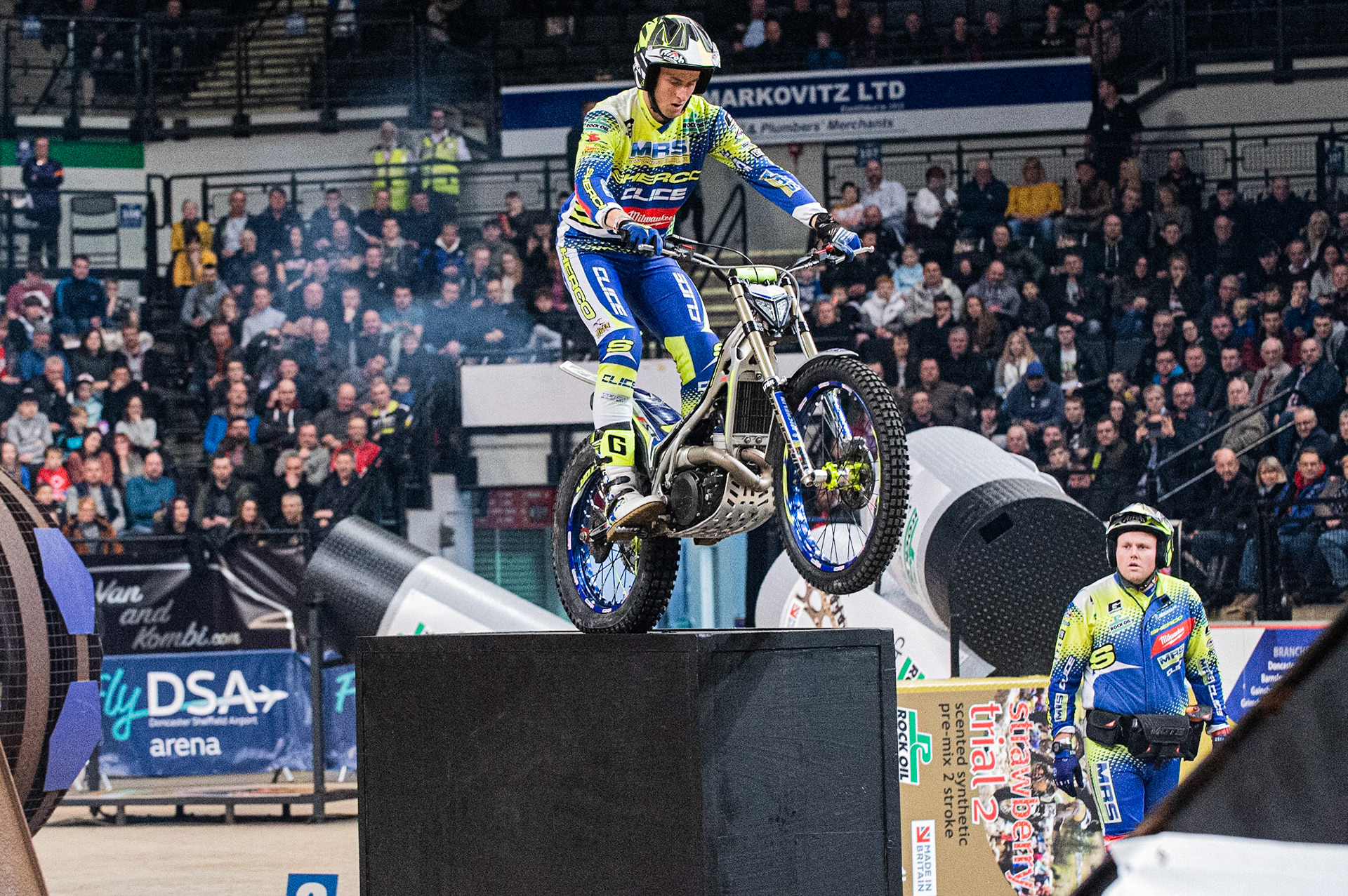 SHEFFIELD, ENGLAND  - DECEMBER 28TH  Jack Peace, UK (Sherco) leaps off the obsticle  during the 25th Anniversary Sheffield Indoor Trial at the FlyDSA Arena, Sheffield on Saturday 28th December 2019. (Credit: Ian Charles | MI News)