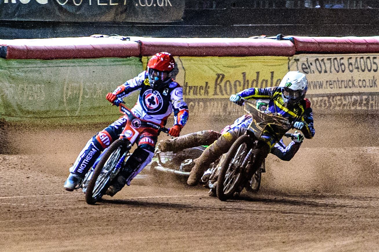 Jack Holder  (White) collides with Charles Wright  (Blue) behind Matej Zagar  (Red) during the SGB Premiership Grand Final 1st leg between Belle Vue Aces and Sheffield Tigers at the National Speedway Stadium, Manchester on Monday 10th October 2022. (Credit: Ian Charles | MI News)