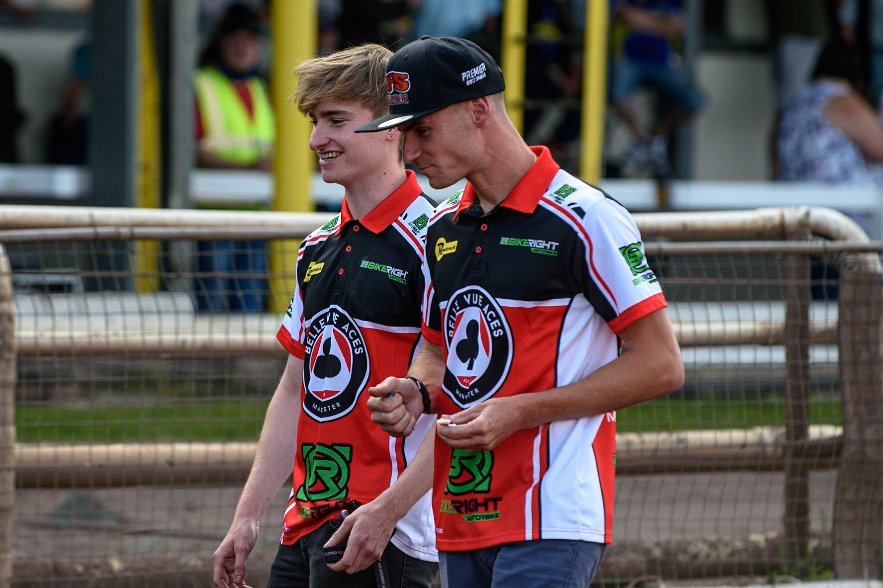 SHEFFIELD, UK. JULY 1ST     Belle Vue BikeRight Aces riders Tom Brennan  (left) and Richie Worrall on the pre race track walk during the SGB Premiership match between Sheffield Tigers and Belle Vue Aces at Owlerton Stadium, Sheffield on Thursday 1st July 2021. (Credit: Ian Charles | MI News)