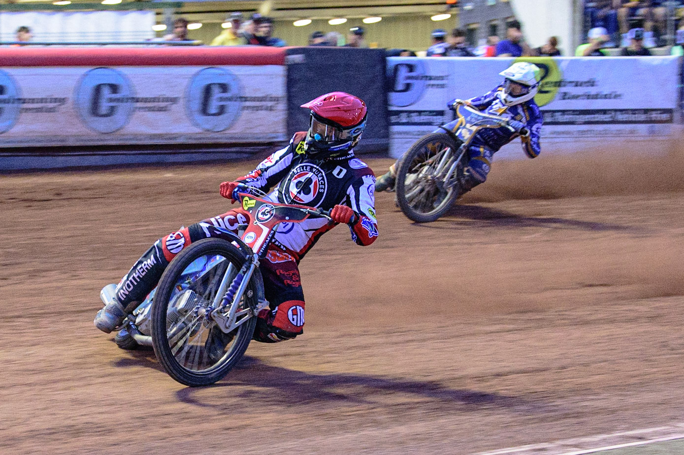 MANCHESTER UK  Matej Zagar  (Red) leads Josh Pickering  (Yellow) during the SGB Premiership match between Belle Vue Aces and King's Lynn Stars at the National Speedway Stadium, Manchester on Monday 11th July 2022. (Credit: Ian Charles | MI News)