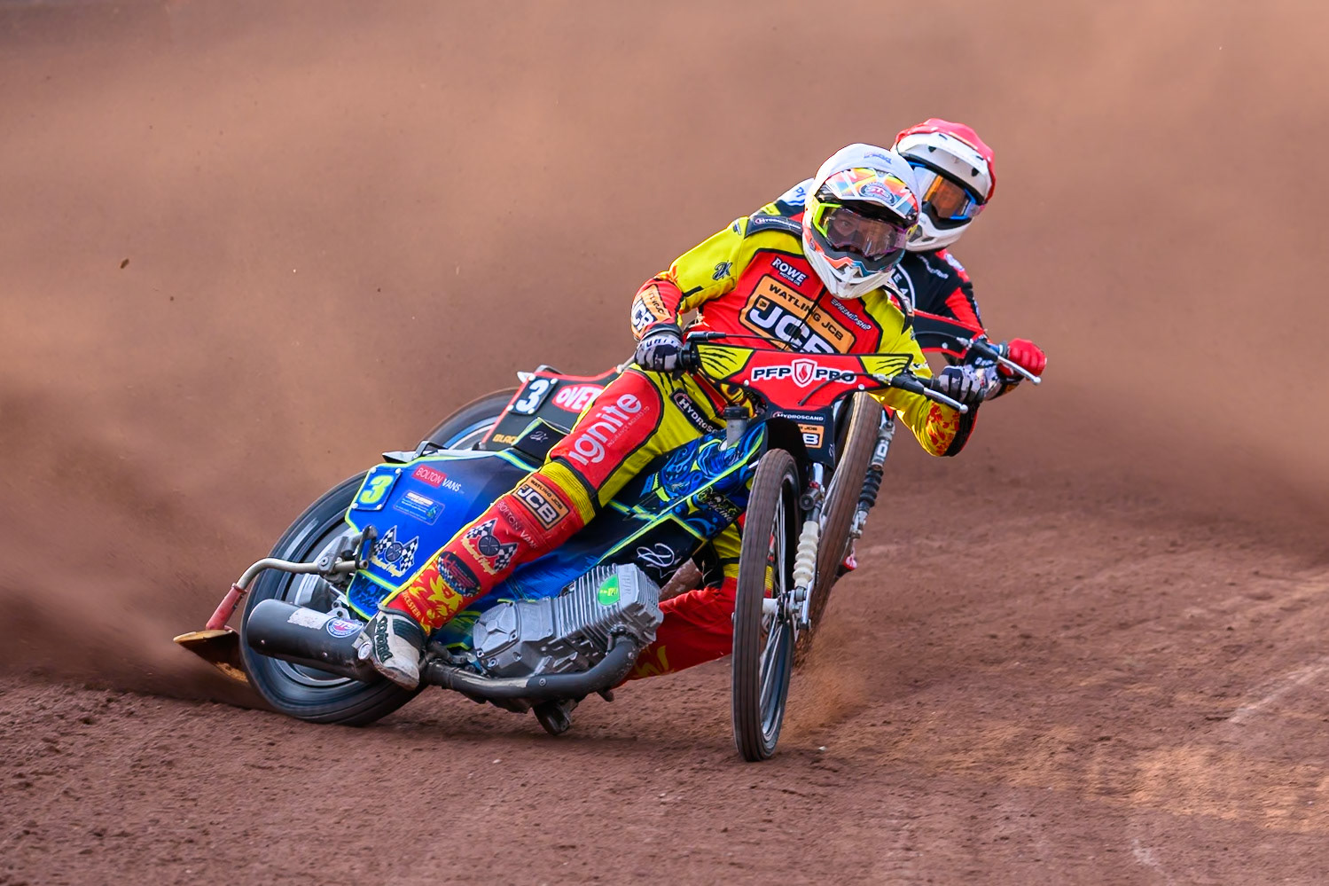 Nick Morris of Leicester Lions in White leading Peter Kildemand of Belle Vue Aces in Red during the Rowe Motor Oil Premiership match between Belle Vue Aces and Leicester Lions at the National Speedway Stadium, Manchester on Monday 3rd August 2026. (Photo: Ian Charles | MI News)