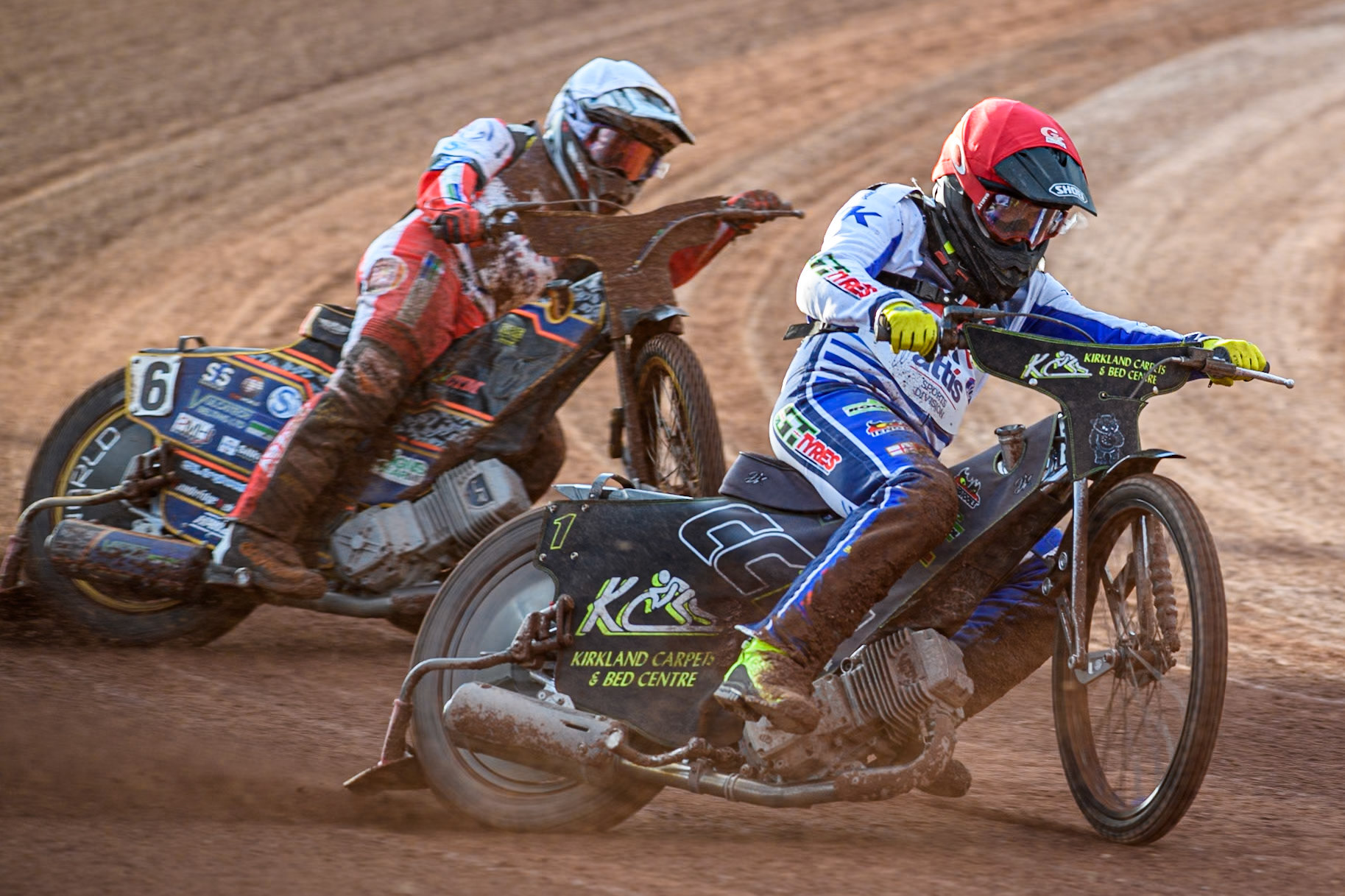 Craig Cook in Red leading Connor Mountain in White during the Attis Insurance Sports Division British Speedway Championship Final at the National Speedway Stadium, Manchester on Saturday 8th June 2024. (Photo: Ian Charles | MI News)