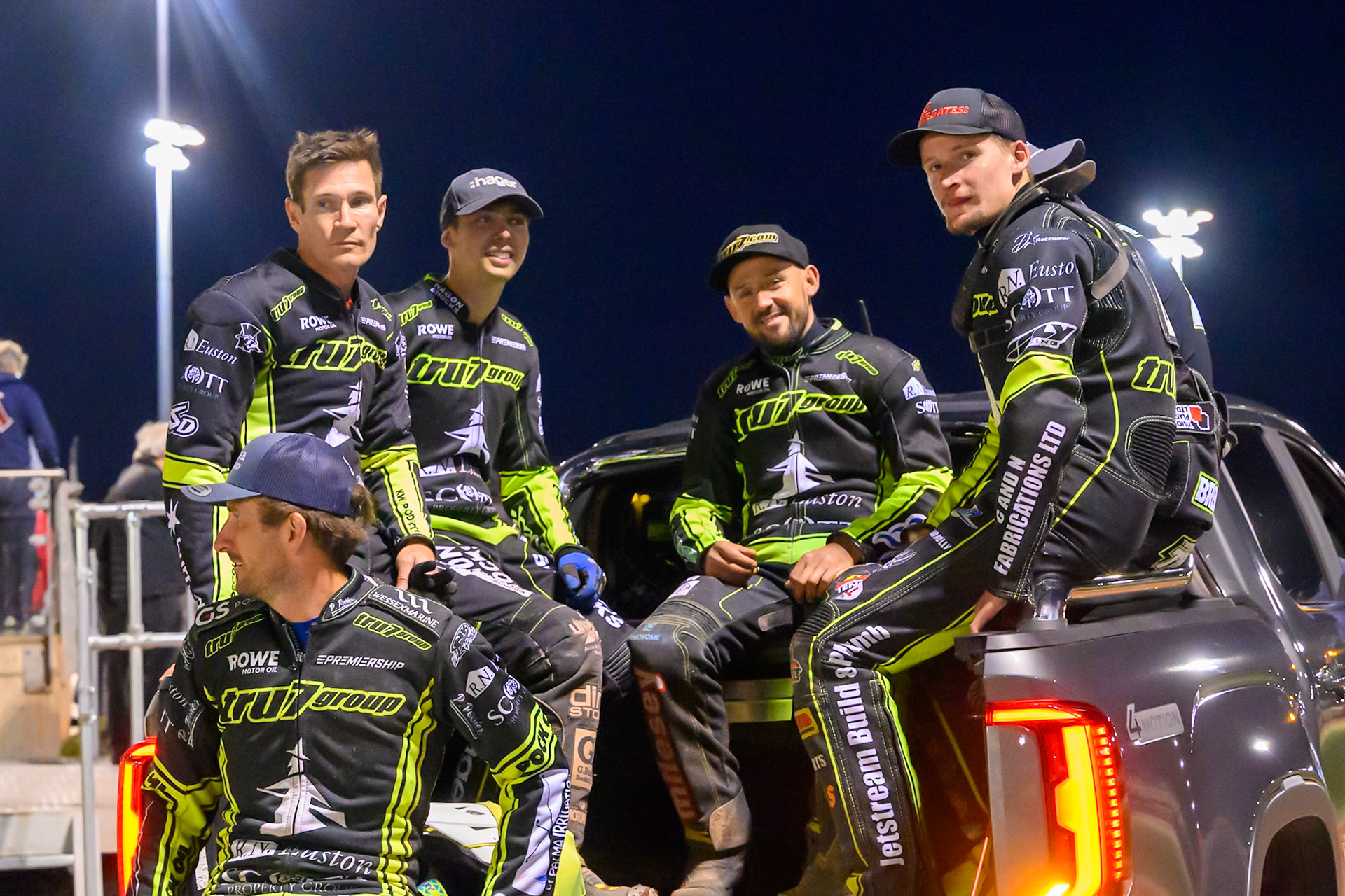 The ipswich team go out on their victory lap after winning the Super Heat to take the win during the Rowe Motor Oil Premiership match between Belle Vue Aces and Ipswich Witches at the National Speedway Stadium, Manchester on Monday 4th August 2025. (Photo: Ian Charles | MI News)