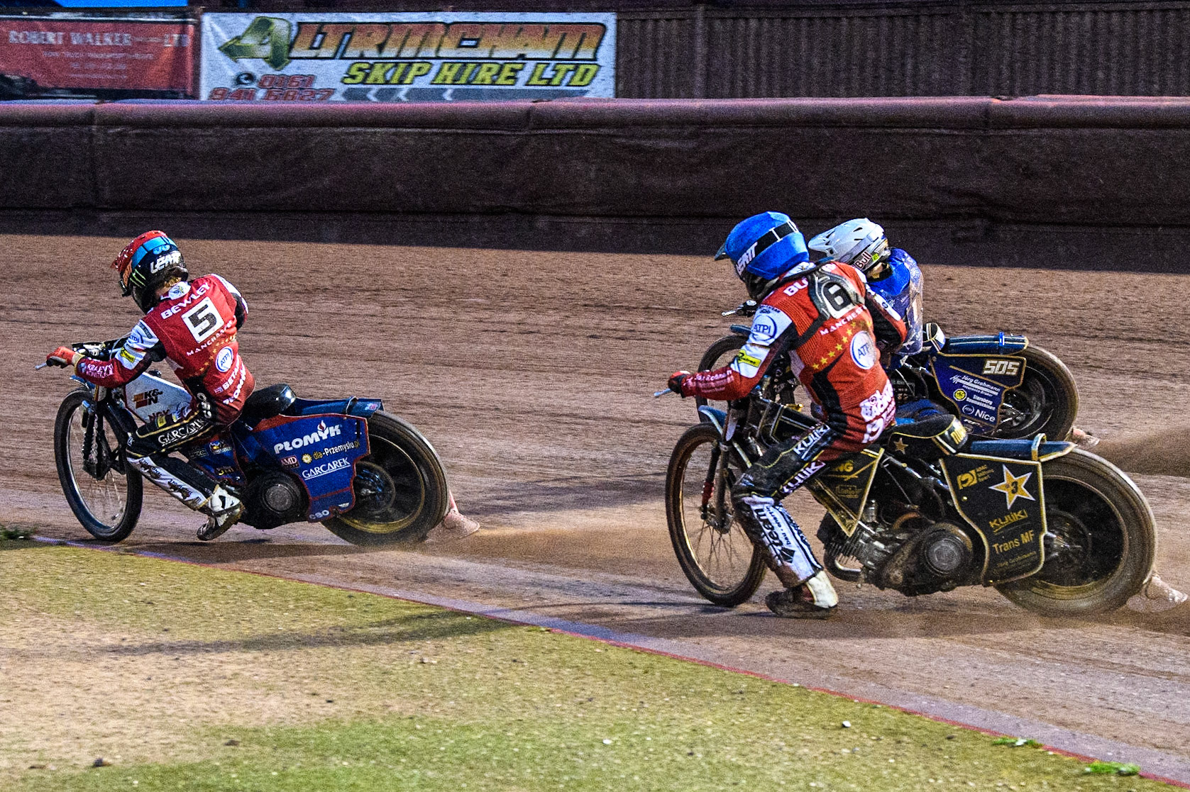 Norick Blodorn (Blue) chases Robert Lambert (White) and Dan Bewley (Red) during the Sports Insure Premiership match between Belle Vue Aces and King's Lynn Stars at the National Speedway Stadium, Manchester on Monday 21st August 2023. (Photo: Ian Charles | MI News)