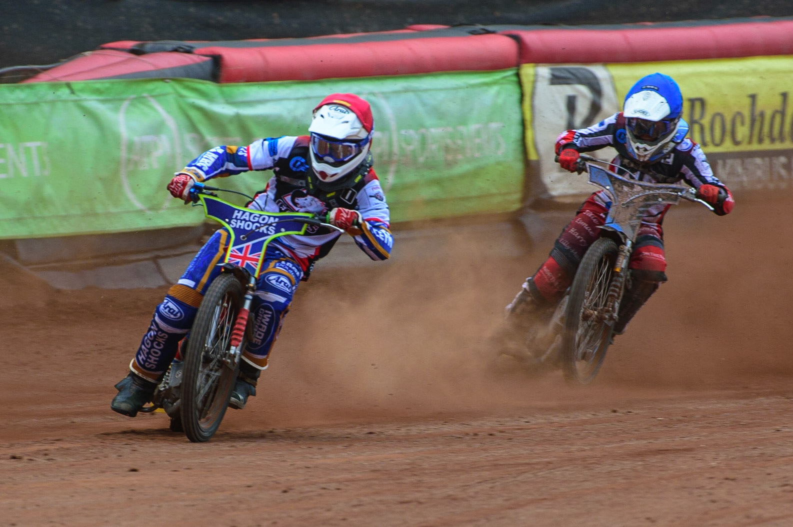 MANCHESTER, UK.  JUN 3RD  Jake Mulford   (Red) leads team mate Sam McGurk  (Blue) during the National Development League match between Belle Vue Colts and Oxford Chargers at the National Speedway Stadium, Manchester on Friday 3rd June 2022. (Credit: Ian Charles | MI News)