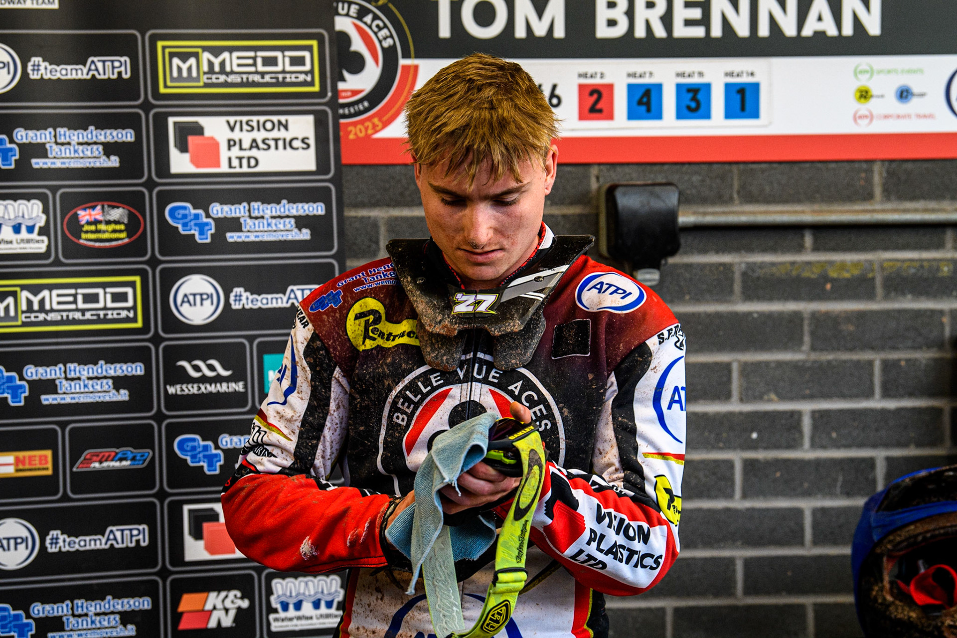 Norick Blodorn cleans his goggles during the Sports Insure Premiership match between Belle Vue Aces and Ipswich Witches at the National Speedway Stadium, Manchester on Monday 17th July 2023. (Photo: Ian Charles | MI News)