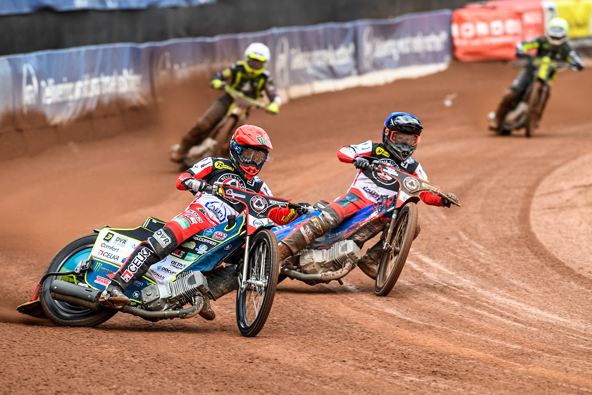 Belle Vue Aces' Jaimon Lidsey  in Red leading Belle Vue Aces' Ben Cook  in Blue, Ipswich Witches' Guest Rider Tom Brennan  in White and Ipswich Witches' Dan Thompson in Yellow during the Rowe Motor Oil Premiership match between Belle Vue Aces and Ipswich Witches at the National Speedway Stadium, Manchester on Monday 1st July 2024. (Photo: Ian Charles | MI News)