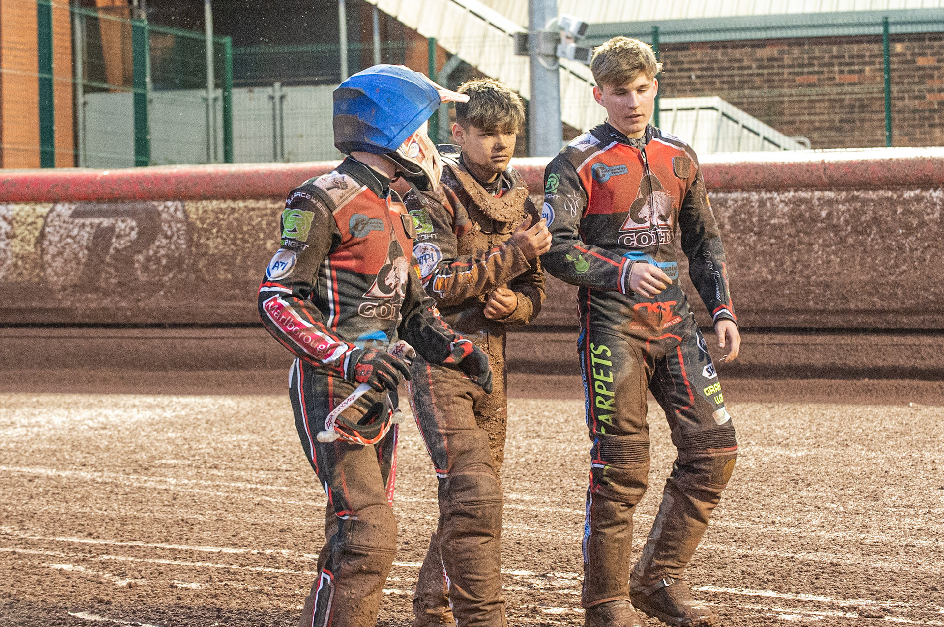 Photo: Ian Charles

Jordan Palin  (centre) walks back to the pits after his crash with Danny Phillips (left) and Kyle Bickley 

Belle Vue Colts v Kent Kings, SGB National League, Belle Vue National Speedway Stadium, Manchester, Thursday 1  August  2019