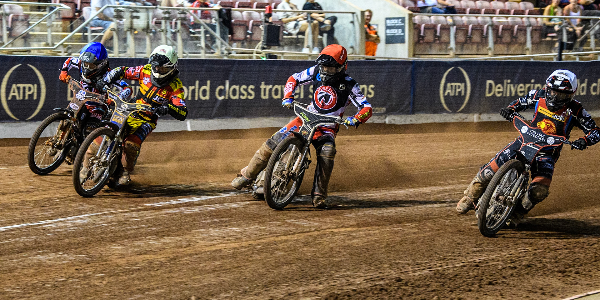 (L to R) Jack Smith (Blue), Joe Thompson (Yellow), Matt Marson (Red) and Ben Morley (White) during the National Development League match between Belle Vue Colts and Leicester Lion Cubs at the National Speedway Stadium, Manchester on Friday 8th September 2023. (Photo: Ian Charles | MI News)