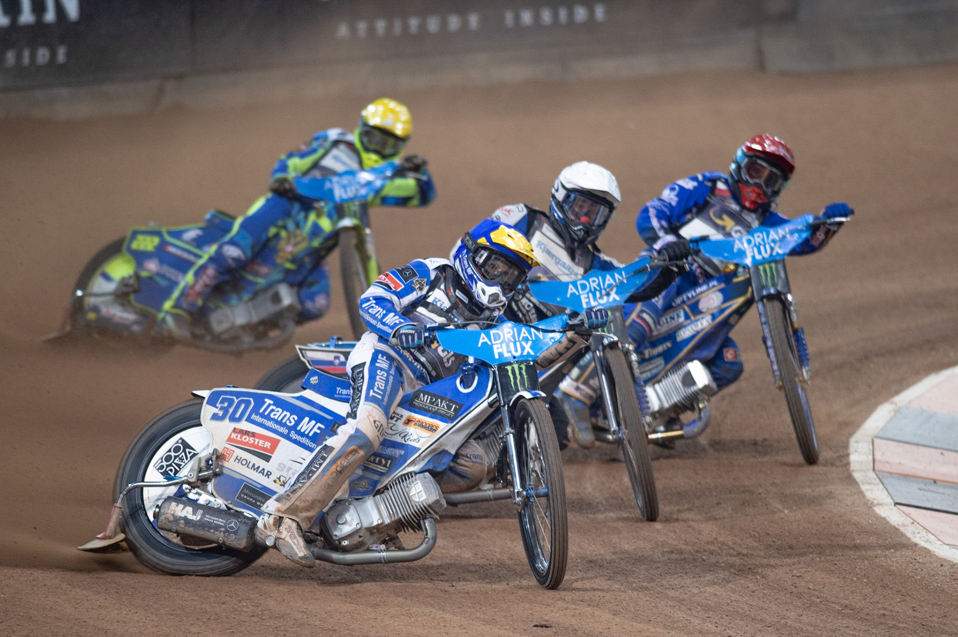 CARDIFF,WALES Leon Madsen (Blue) leads Matej Zagar (White) Bartoz Zmarzlik (Red) and Artem Laguta (Yellow) during the ADRIAN FLUX BRITISH FIM SPEEDWAY GRAND PRIX at the Principality Stadium, Cardiff on Saturday 21st September 2019. (Credit: Ian Charles | MI News)