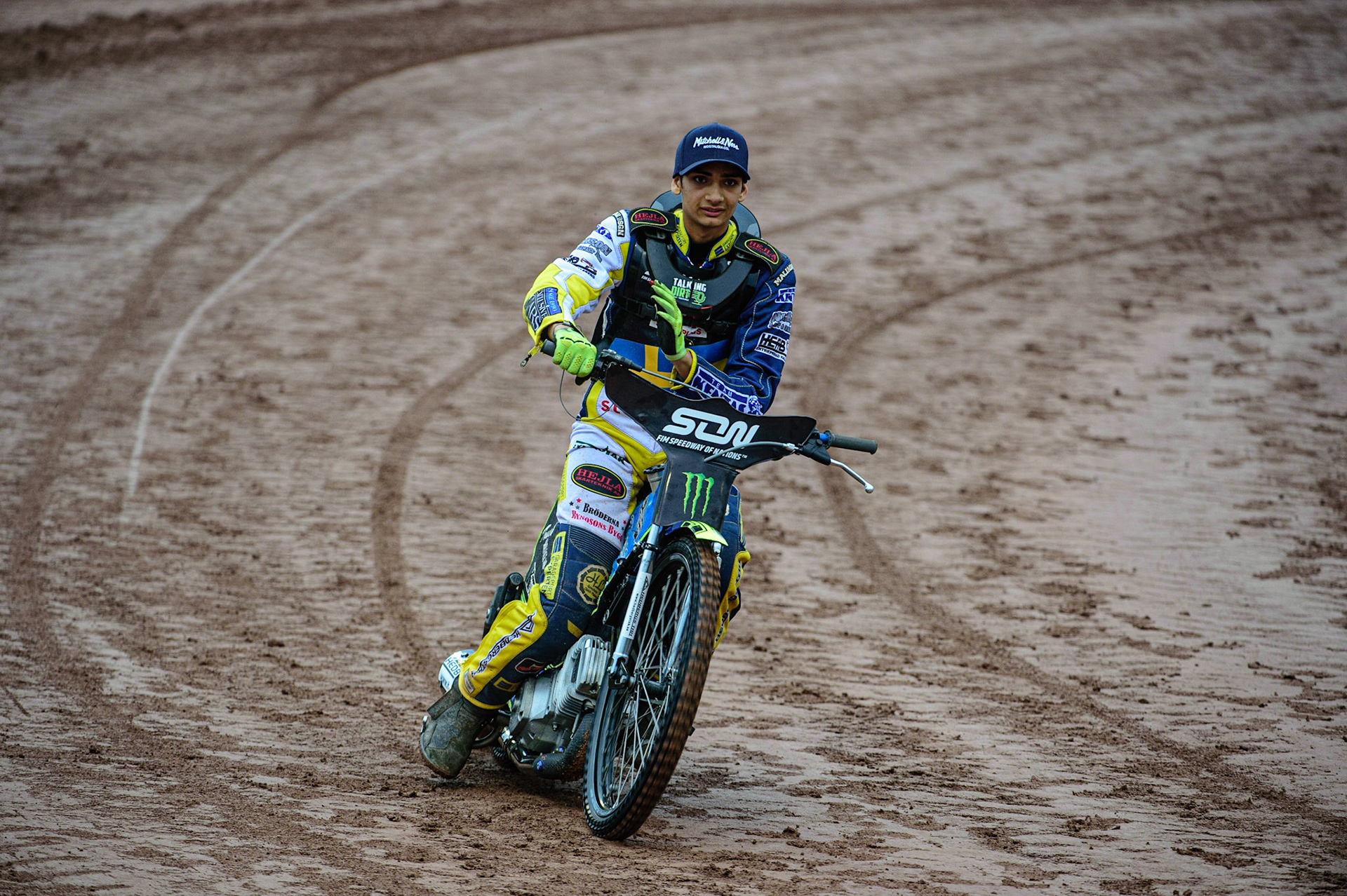 MANCHESTER, UK. OCT 17TH Philip Hellström-Bangs of Sweden who was the lone rider for Sweden, after both his team mates withdrew due to injury. The 18 year old rider was cheered by all the fans every time he rode during the Monster Energy FIM Speedway of Nations at the National Speedway Stadium, Manchester on Sunday  17th October 2021. (Credit: Ian Charles | MI News)