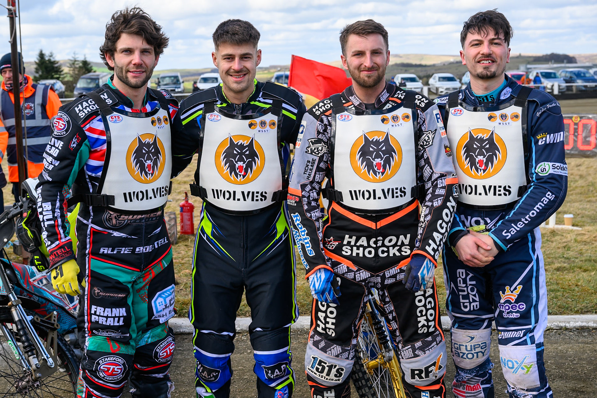 The Wolves: (L to R) Alfie Bowtell, Kieran Douglas, Jack Kingston, Ryan Ashcroft  during the Regina Chains Fours at Buxton Speedway, Buxton on Sunday 5th April 2026. (Photo: Ian Charles | MI News)